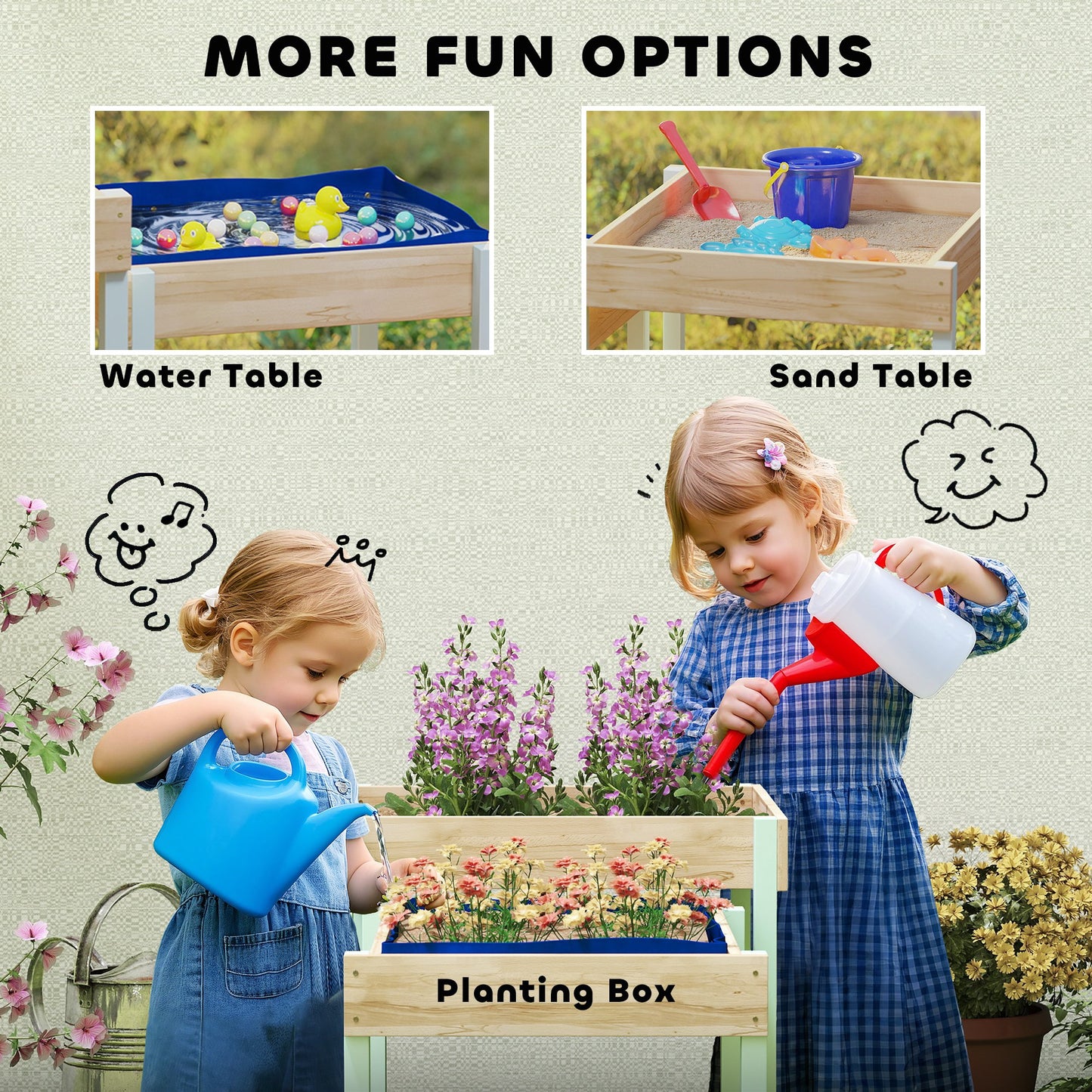 2 PCS Wooden Outdoor Sand and Water Play Tables with Bottom Liner