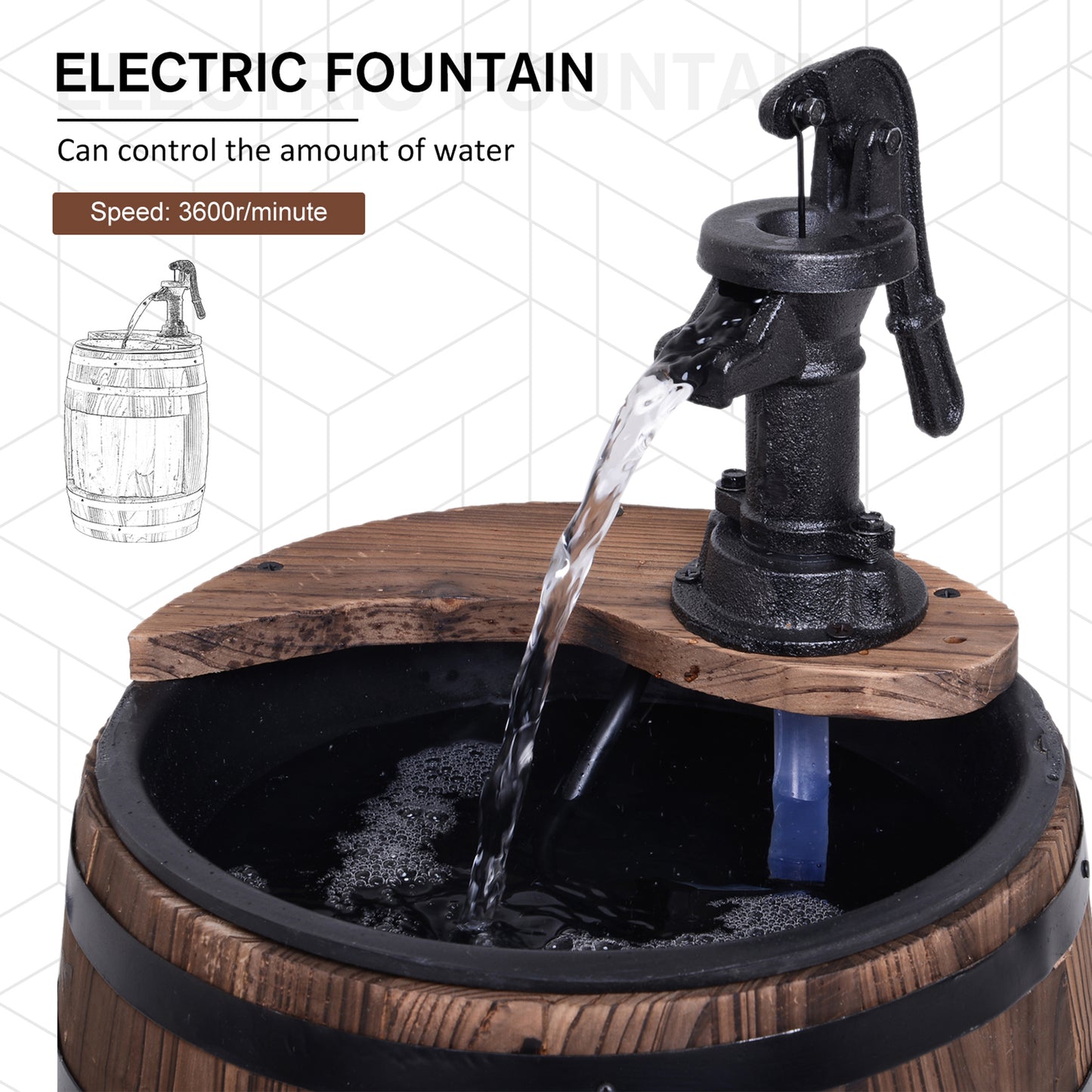 Wood Barrel Patio Water Fountain Electric Pump Garden Decorative