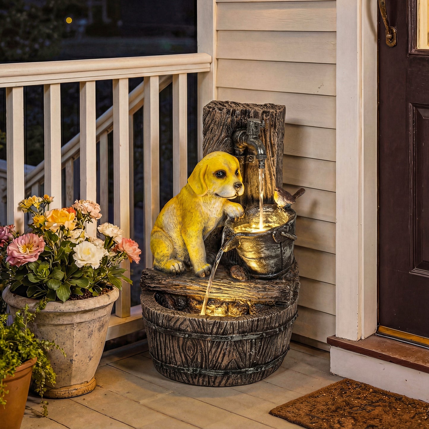Garden Water Feature with 3-Tier Rustic Puppy Design