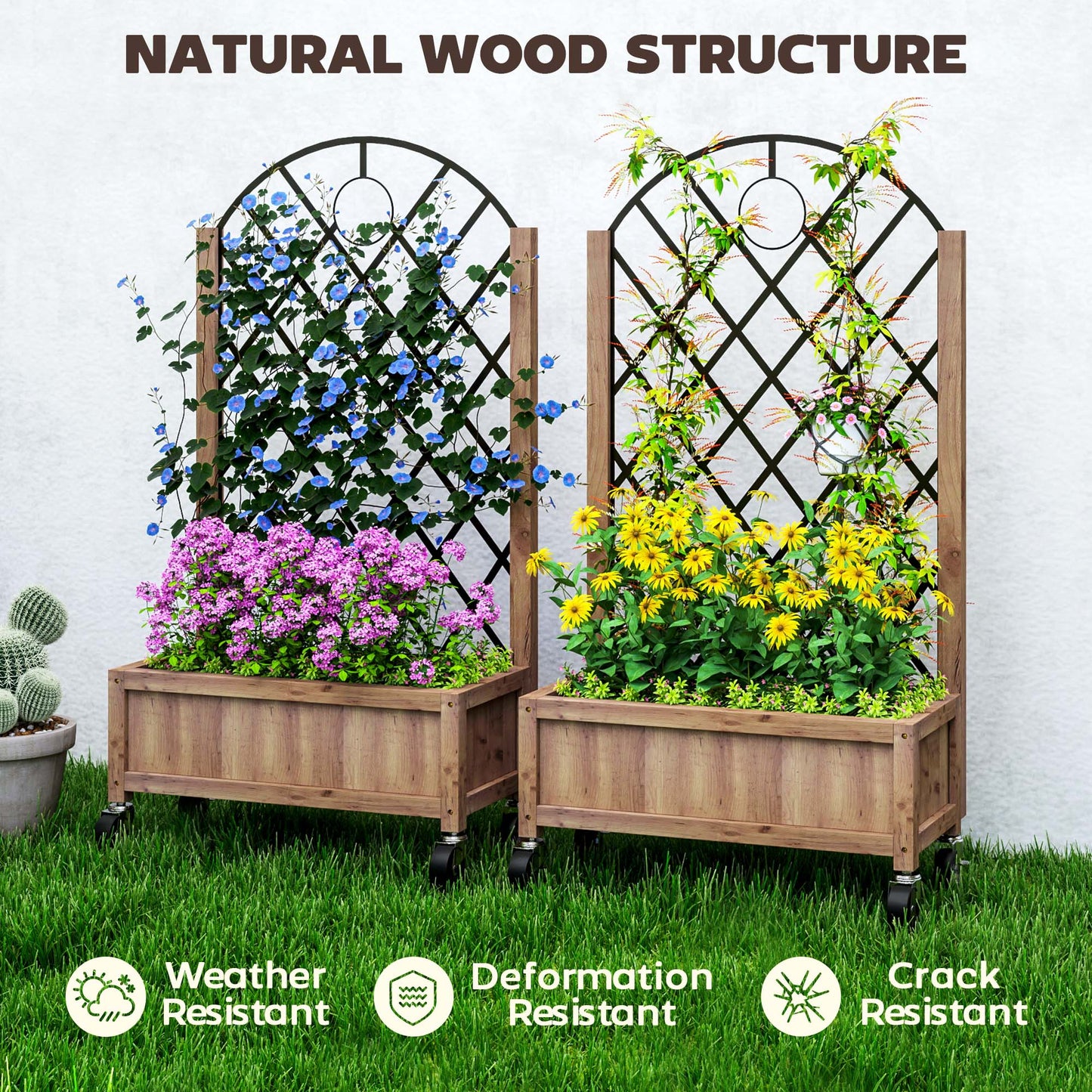 Wooden Planter, with Metal Trellis - Brown/Black (1)