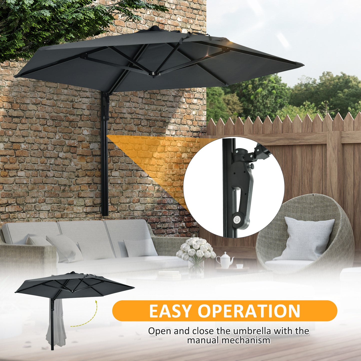 2.5m Wall Mounted Parasol, Hand to Push Outdoor Patio Umbrella
