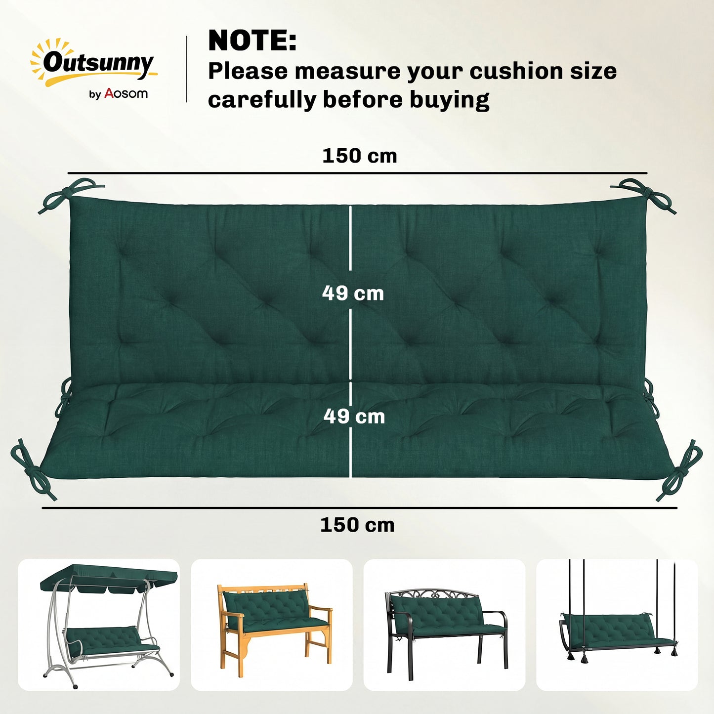 3 Seater Bench Cushion, Garden Chair Cushion with Back and Ties