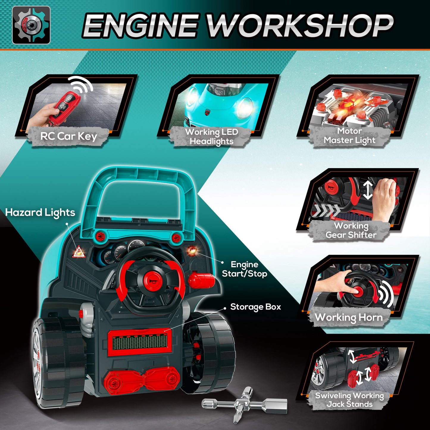 Kids Truck Engine Toy Set, with Horn, Light, Car Key