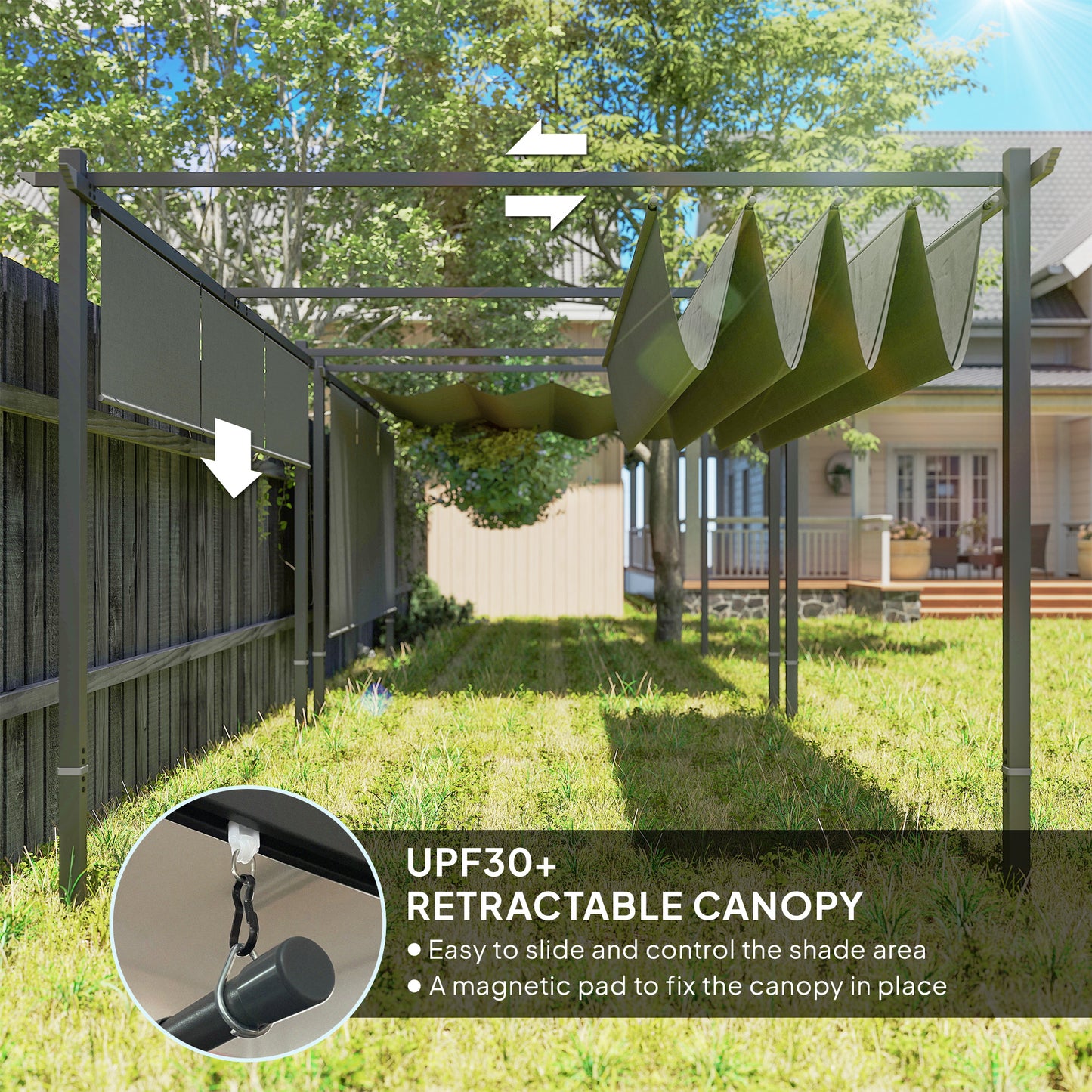 3 x 4m Metal Pergola with Retractable Roof and Roller Shade