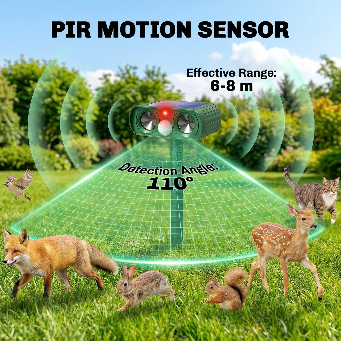 Ultrasonic Cat Repellent, PIR Motion Sensor 110°, LED Flash