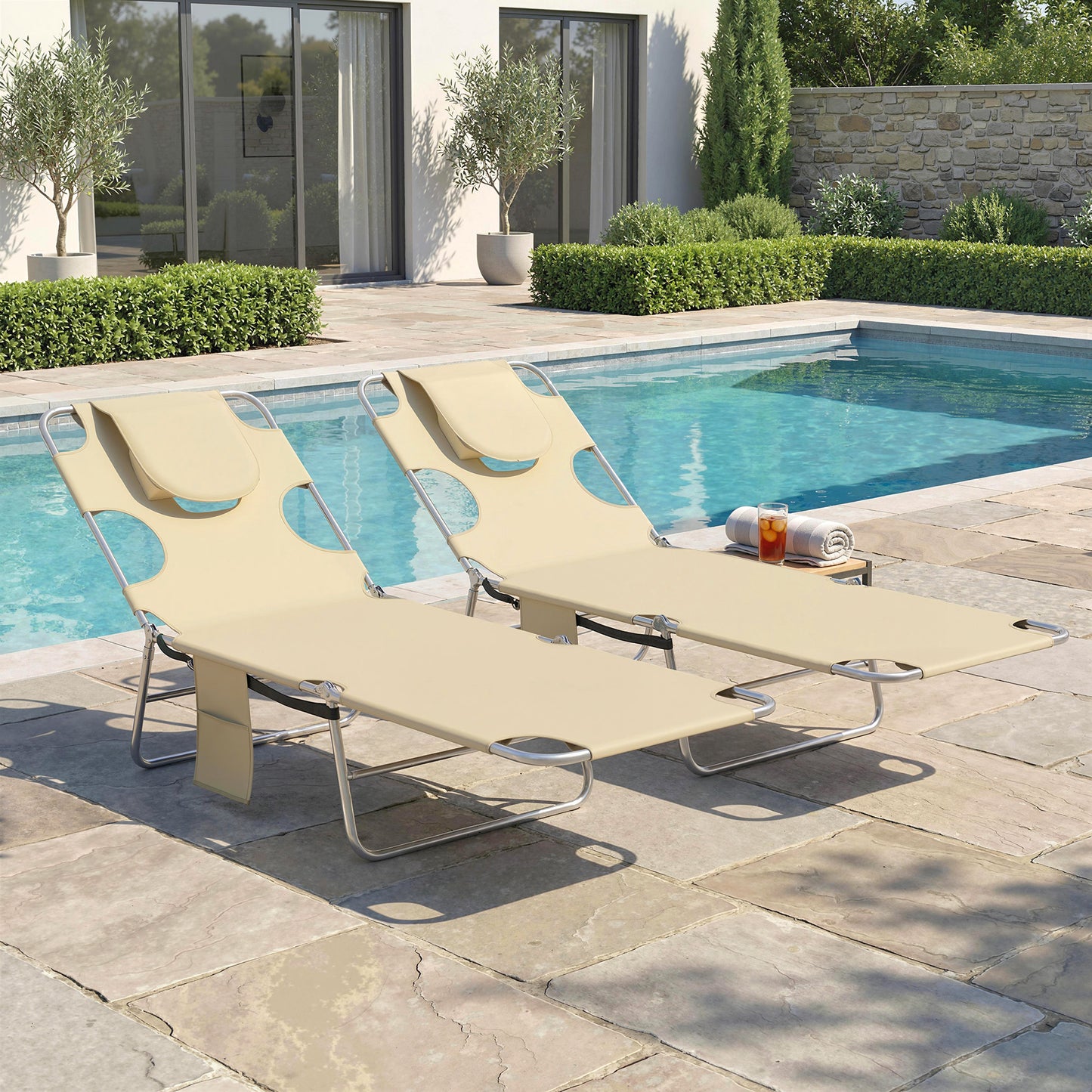 5-Position Adjustable Sun Loungers Set of 2 with Reading Hole
