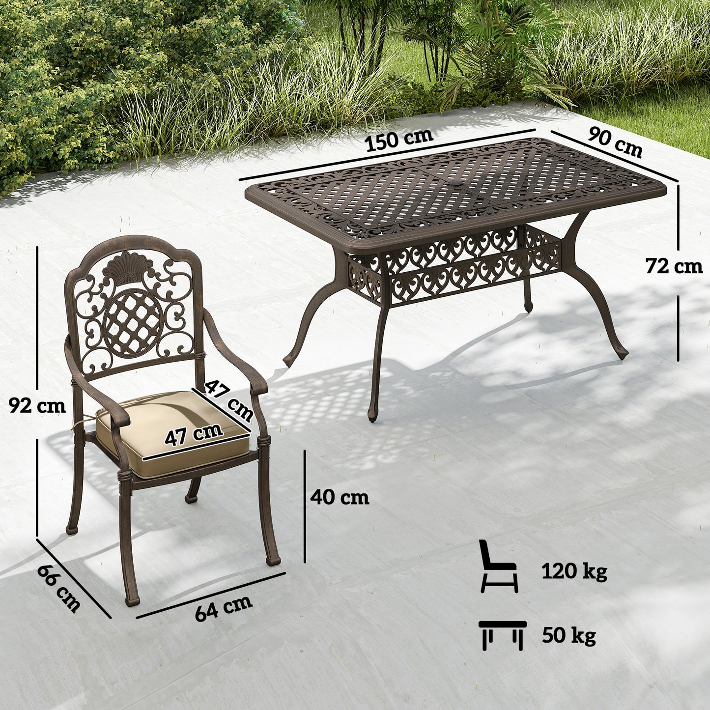 Garden Dining Set for 6, Cast Aluminium Outdoor Table and Chairs Set