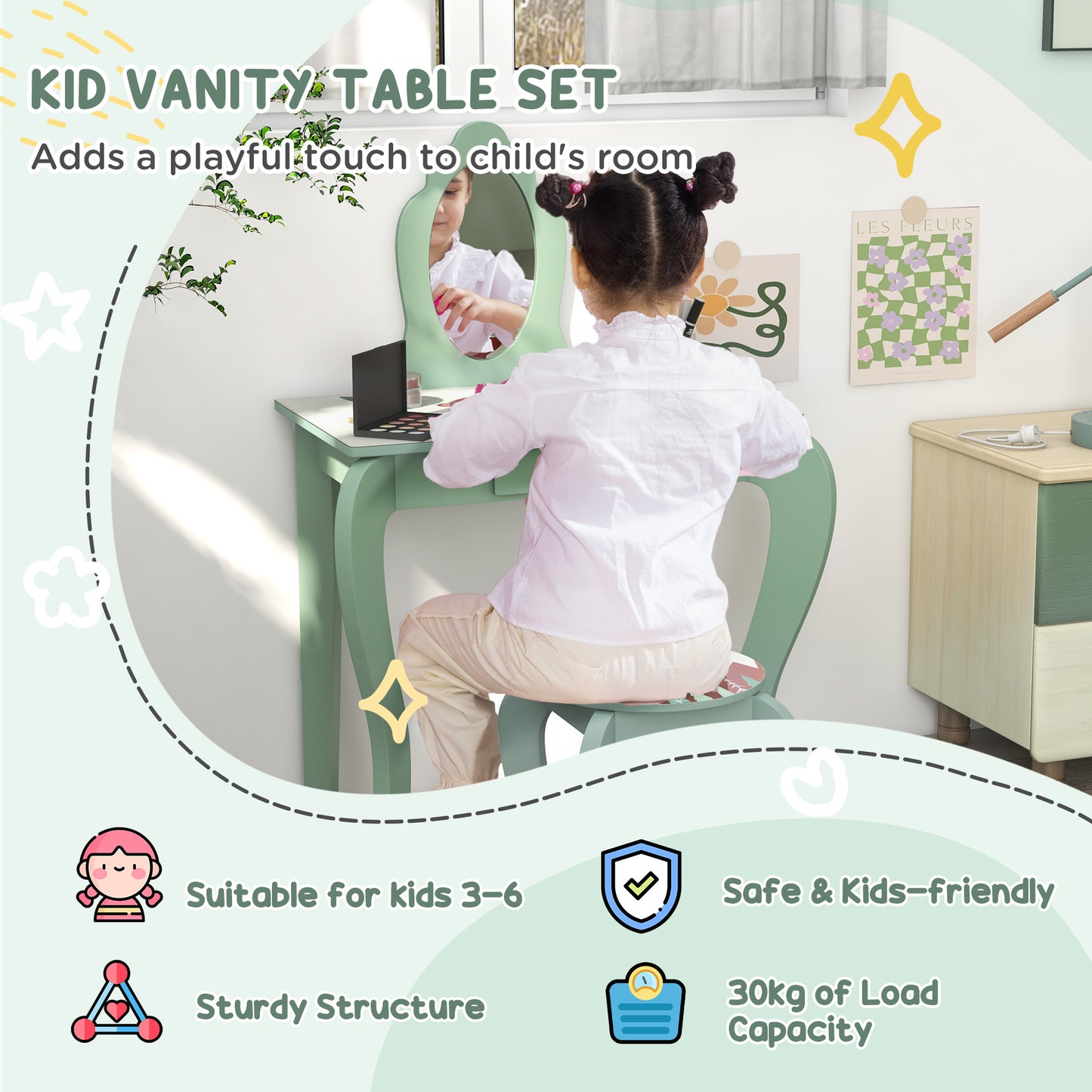 Toddler Bed Frame, Kids Dressing Table with Mirror and Stool