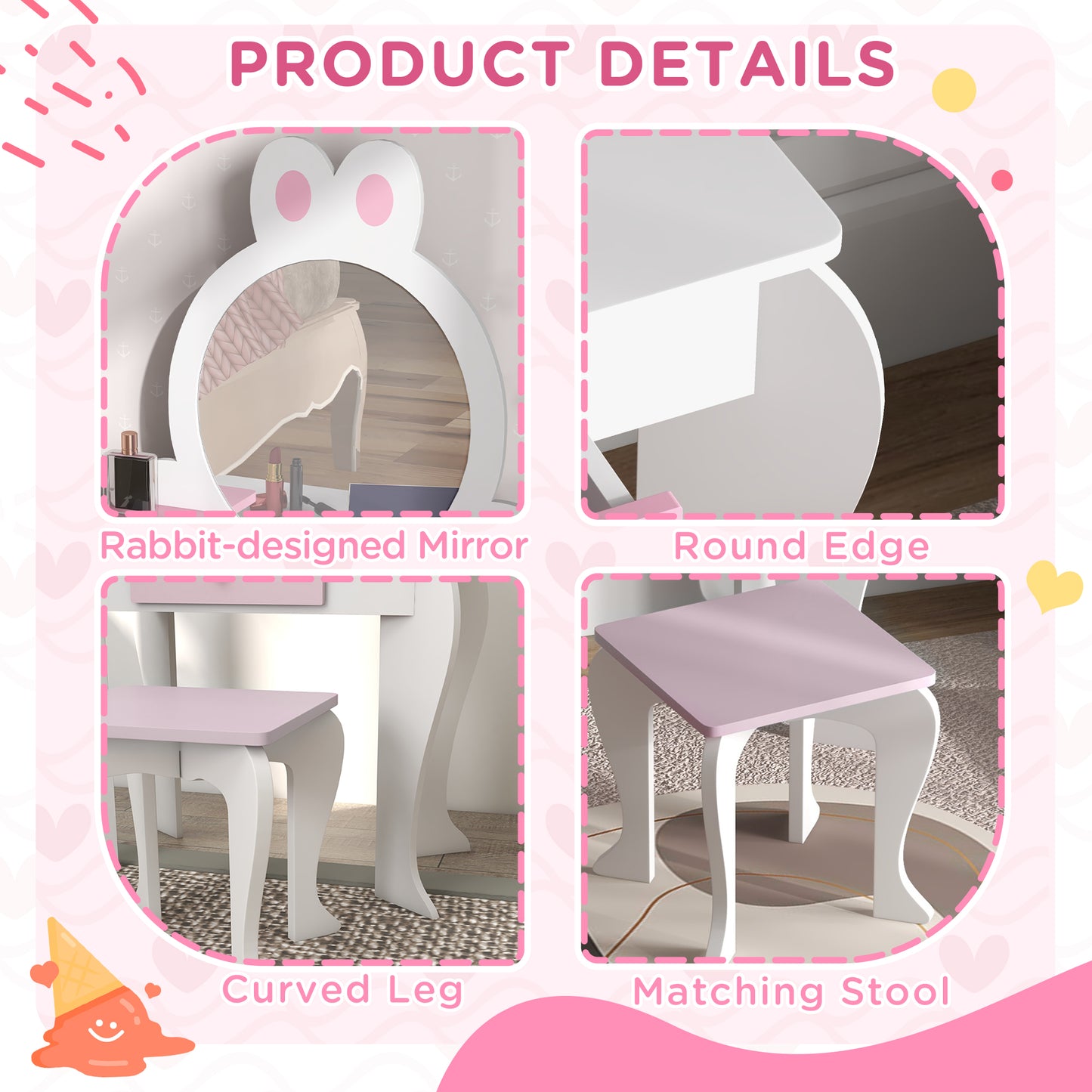 Wooden Kids Bedroom Furniture Set with Kids Dressing Table, Stool