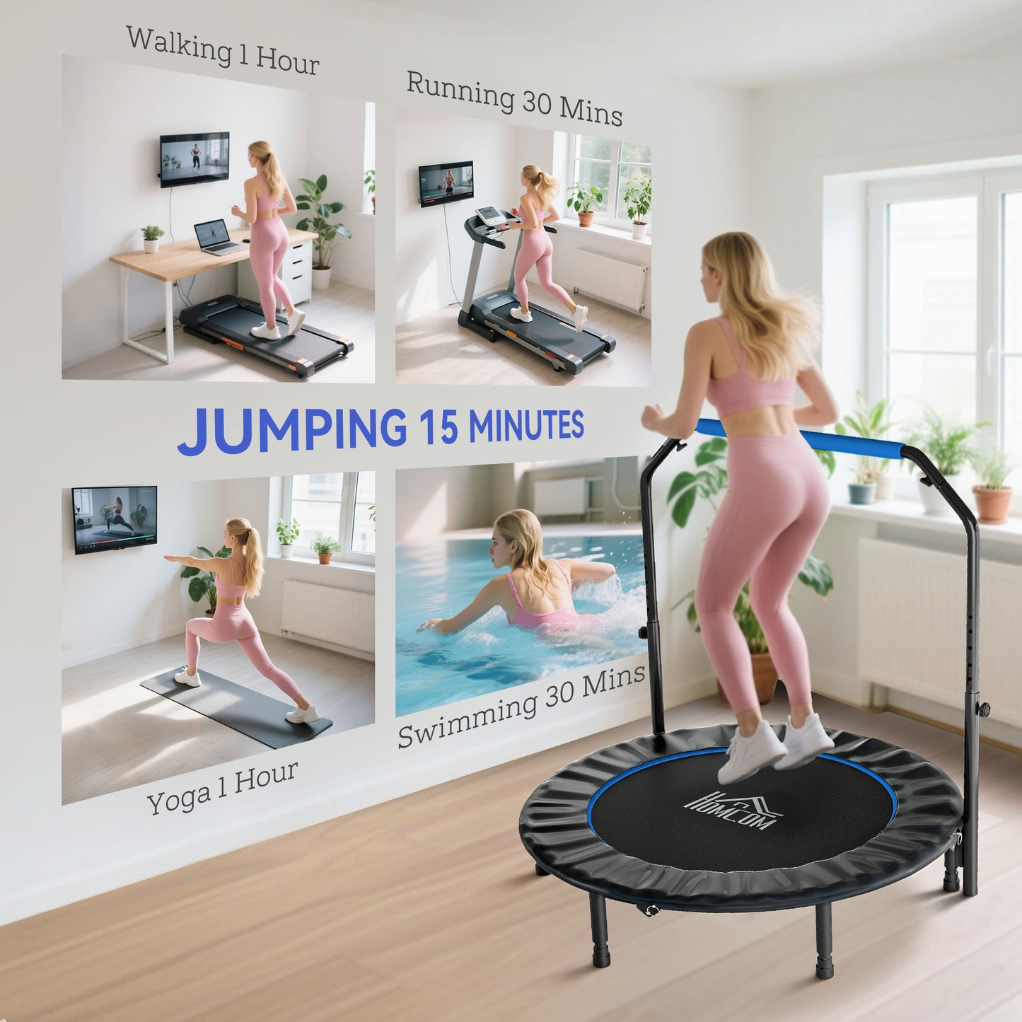 48" Foldable Mini Fitness Trampoline, with Adjustable Foam Handle