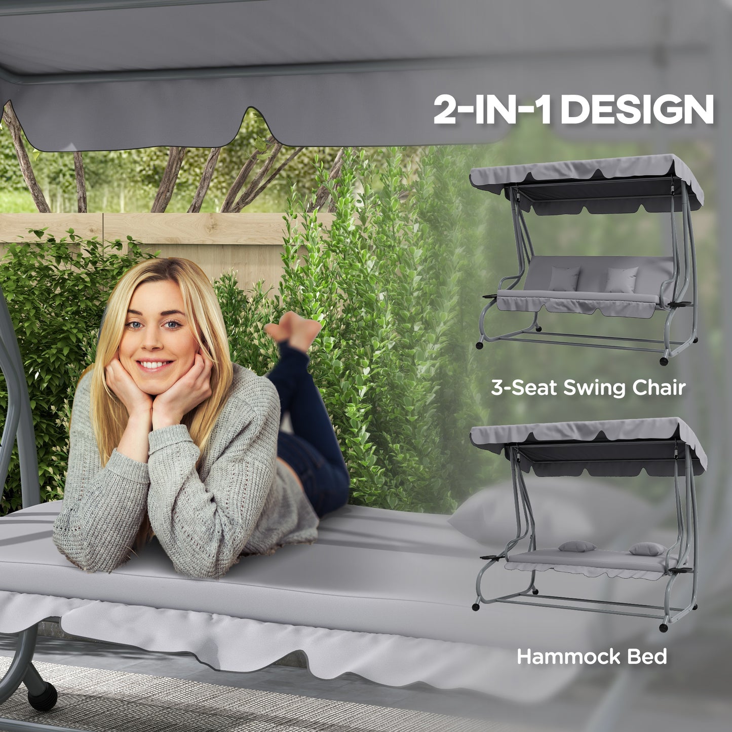 Three-Person garden Swing Chair, with Adjustable Canopy