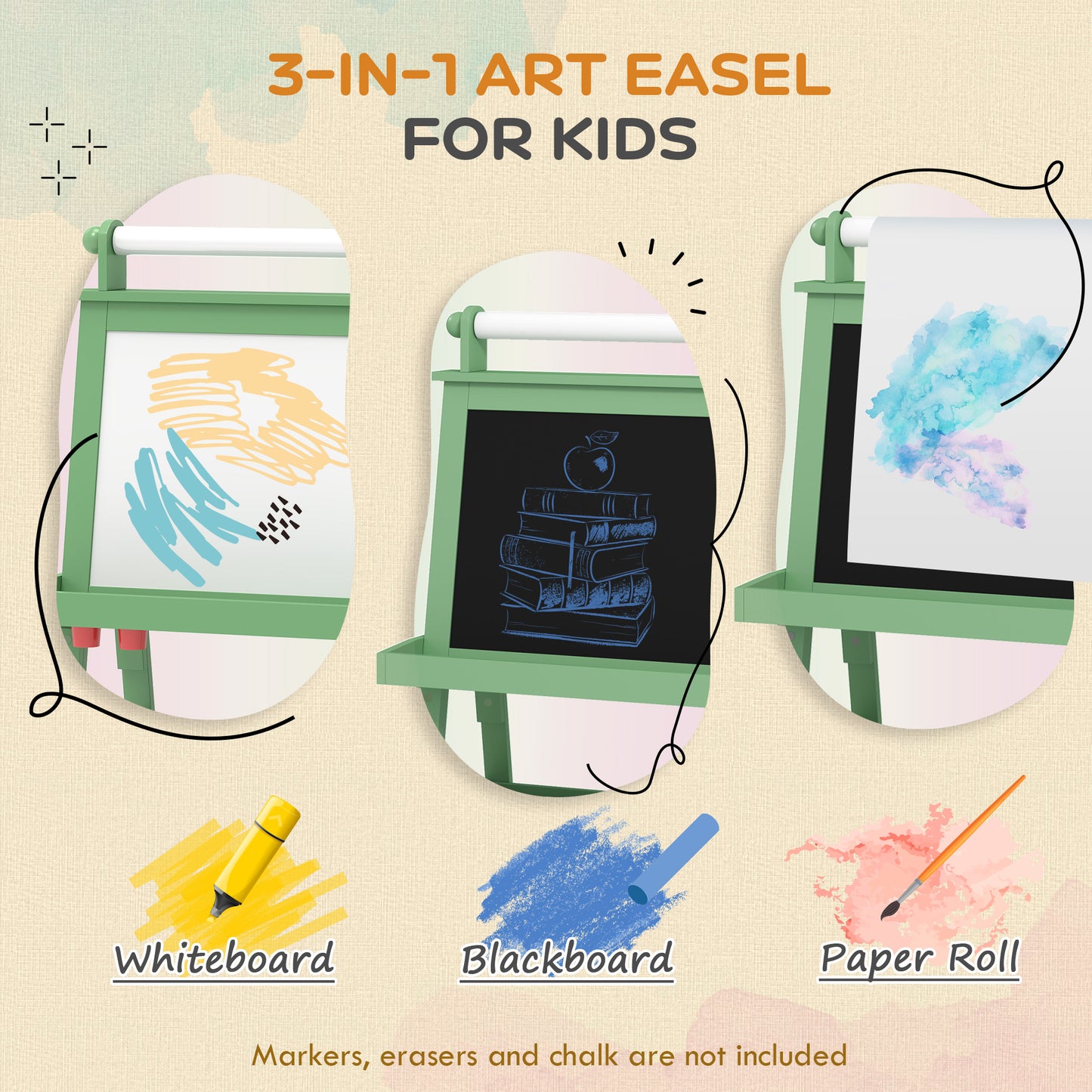 3 in 1 Kids Easel Double-Sided Magnetic Whiteboard and Chalkboard