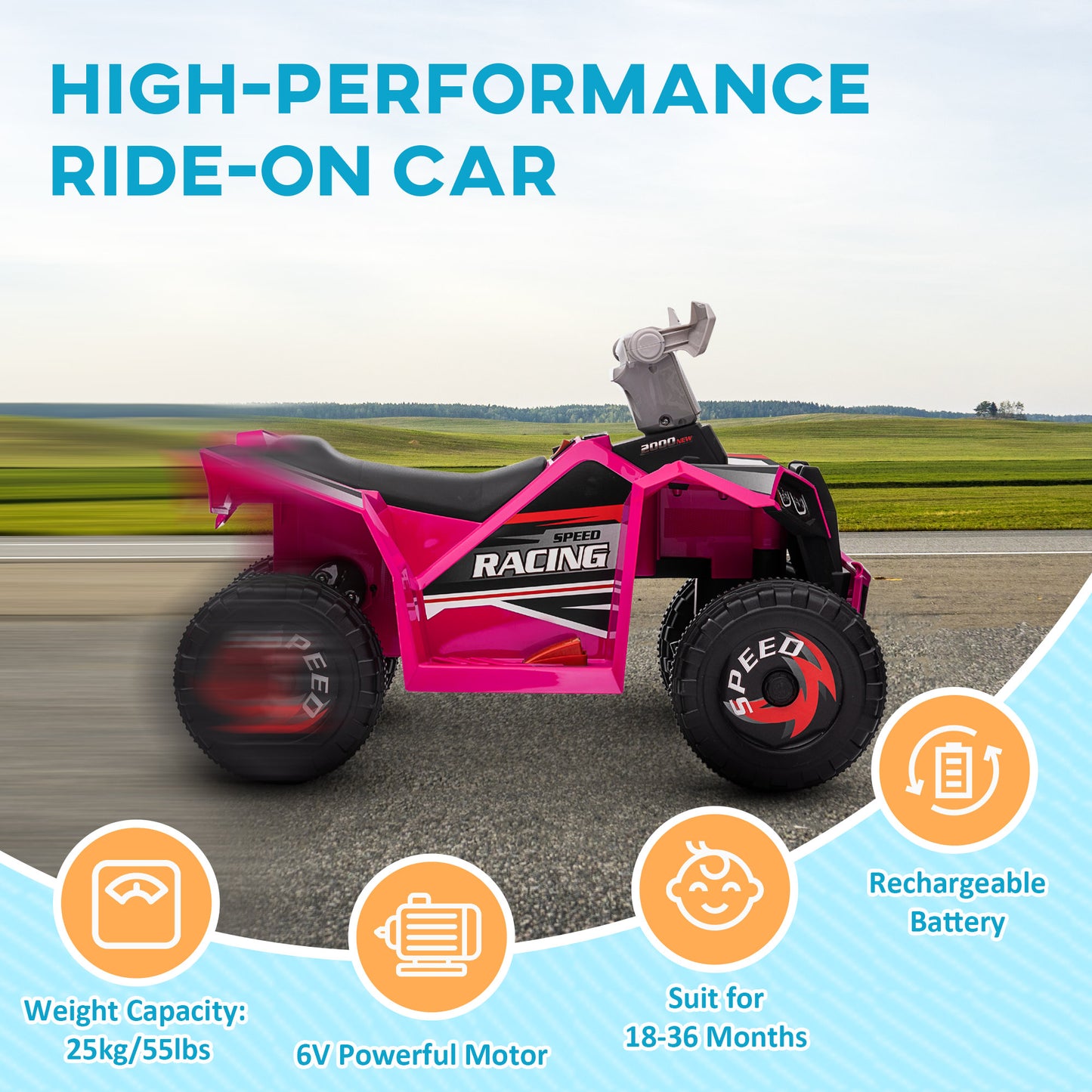 6V Quad Bike with Wear-Resistant Wheels, Forward Backward Function