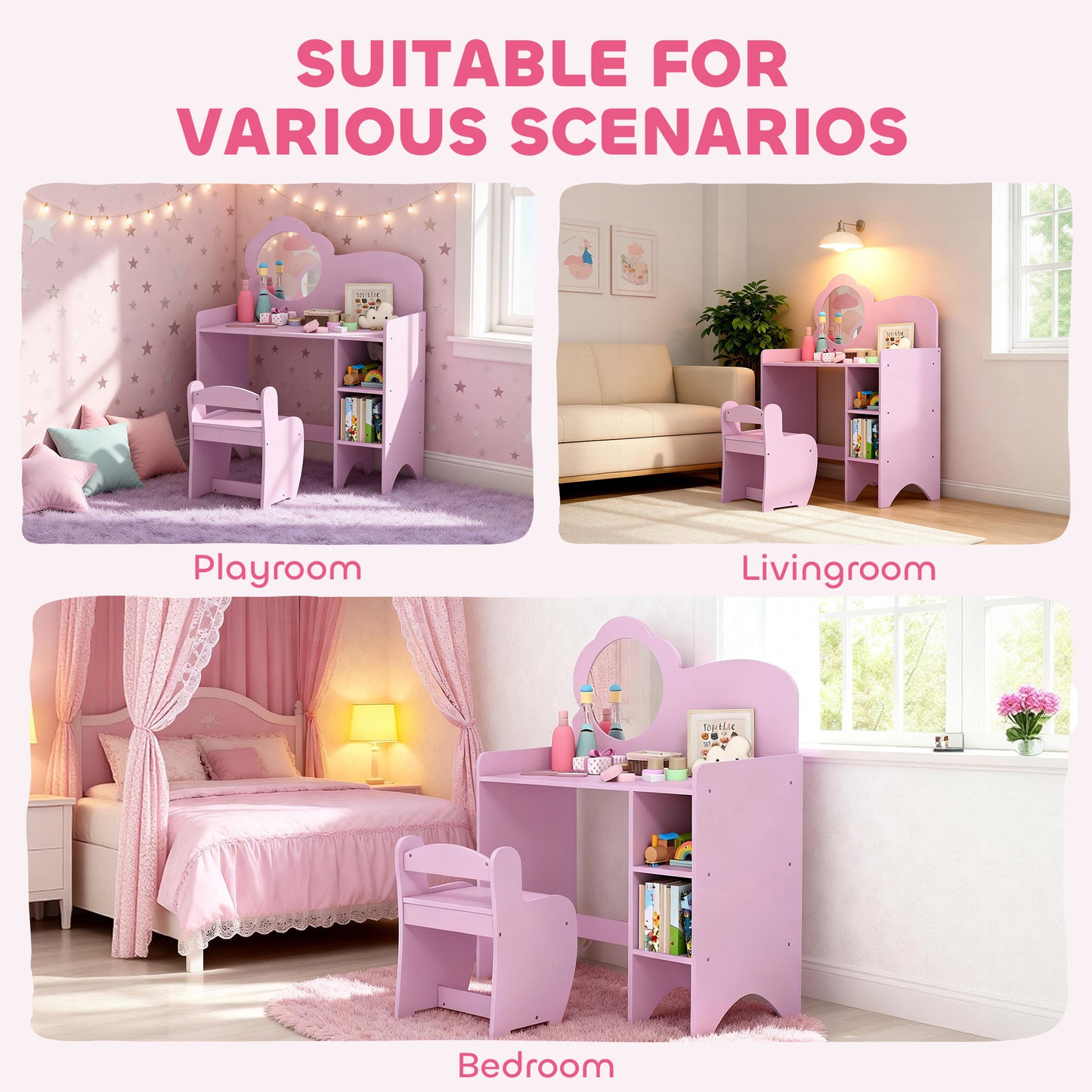 Kids Dressing Table with Mirror, Stool