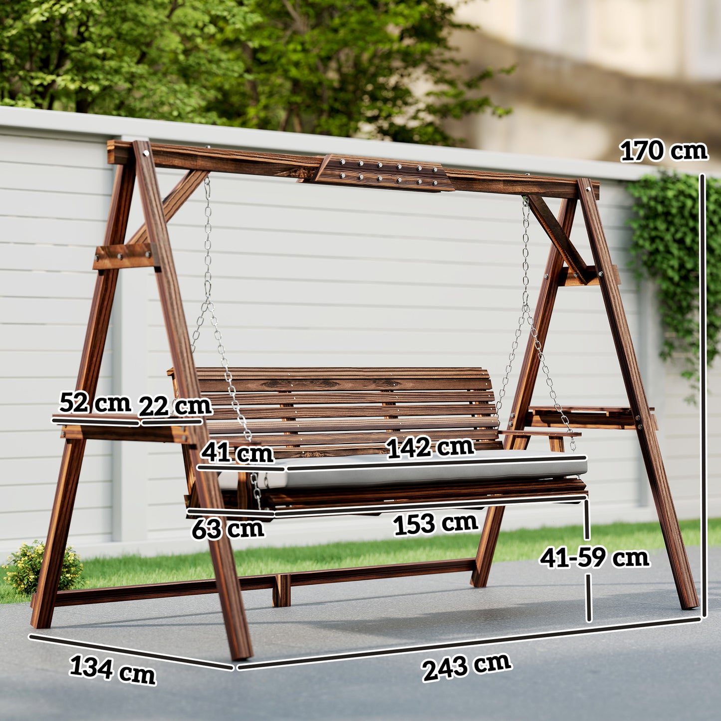 3 Seater Garden Swing Seat, Wooden Swing Chair Bench with Cushion