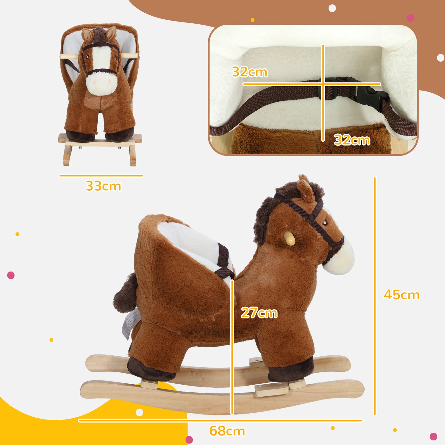 Kids Rocking Horse, Plush Ride on Horse, with Sound, Wood Base