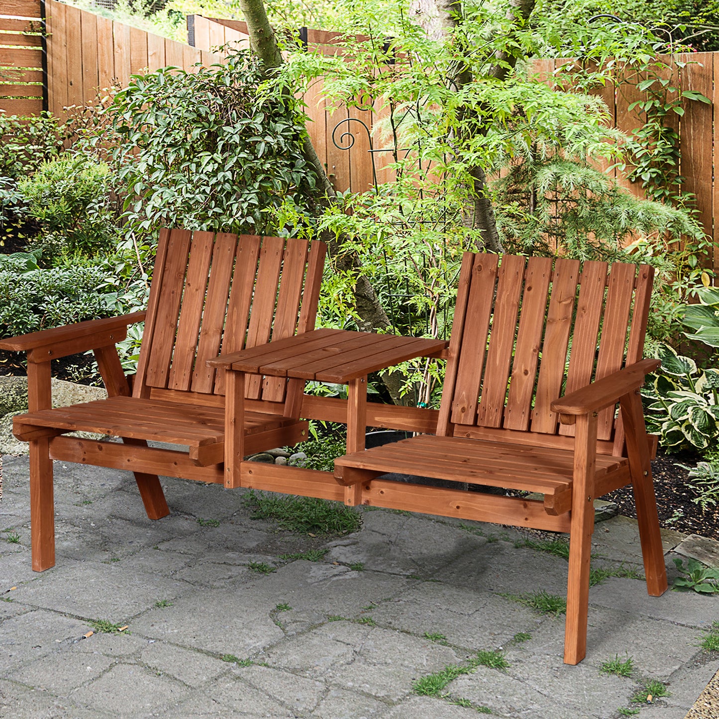 2-Seater Fir Wood Bench w/ Centre Table