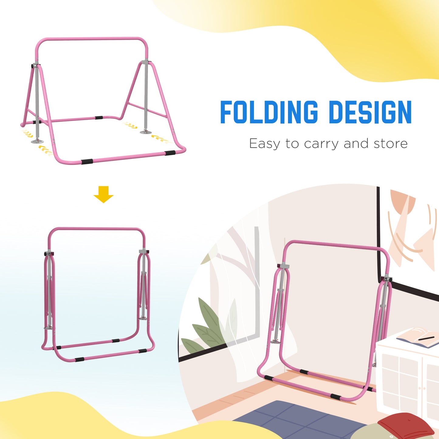 Kids Gymnastic Bar, with Adjustable Height, Foldable Horizontal Bars