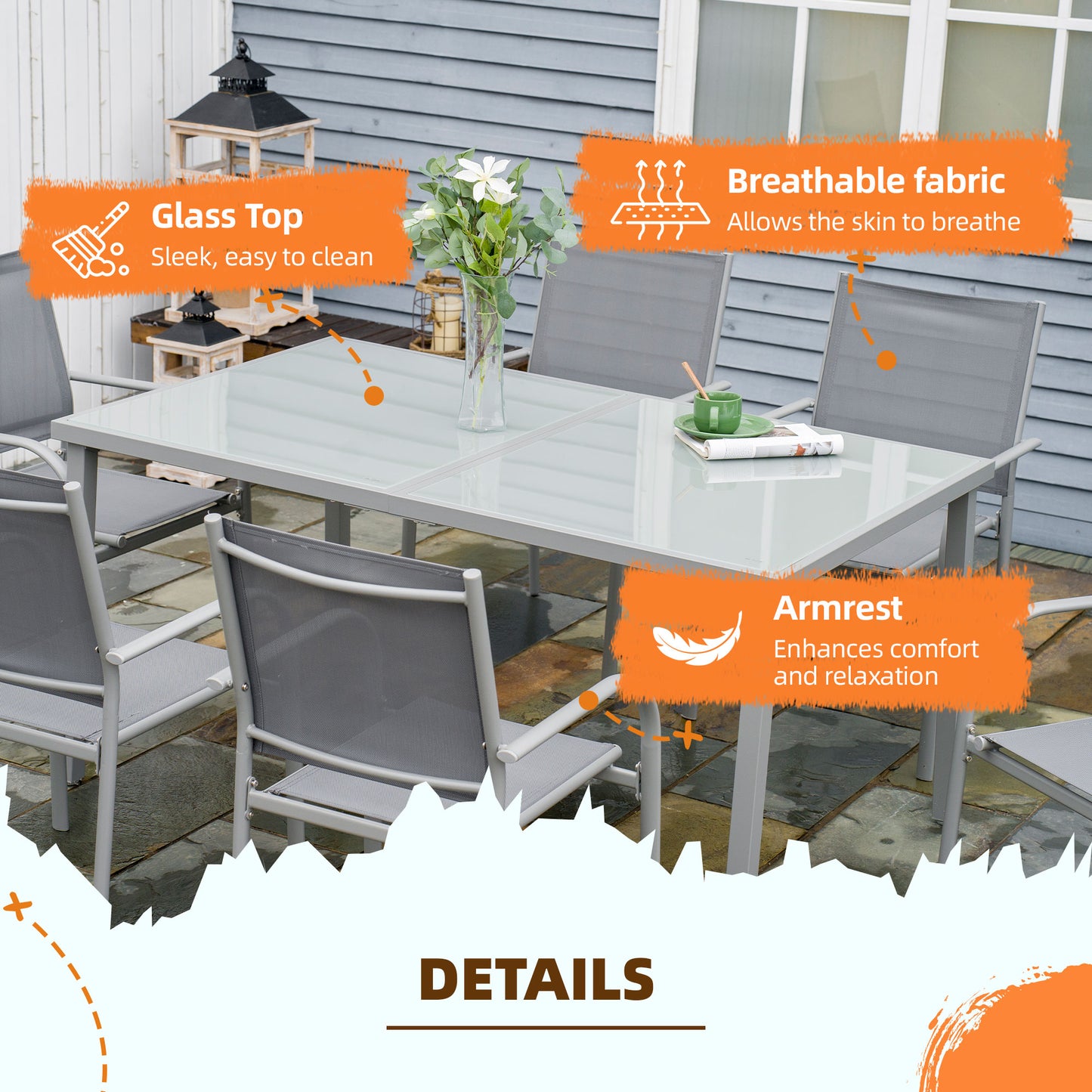7 Piece Garden Dining Set, Outdoor Table and 6 Stackable Chairs