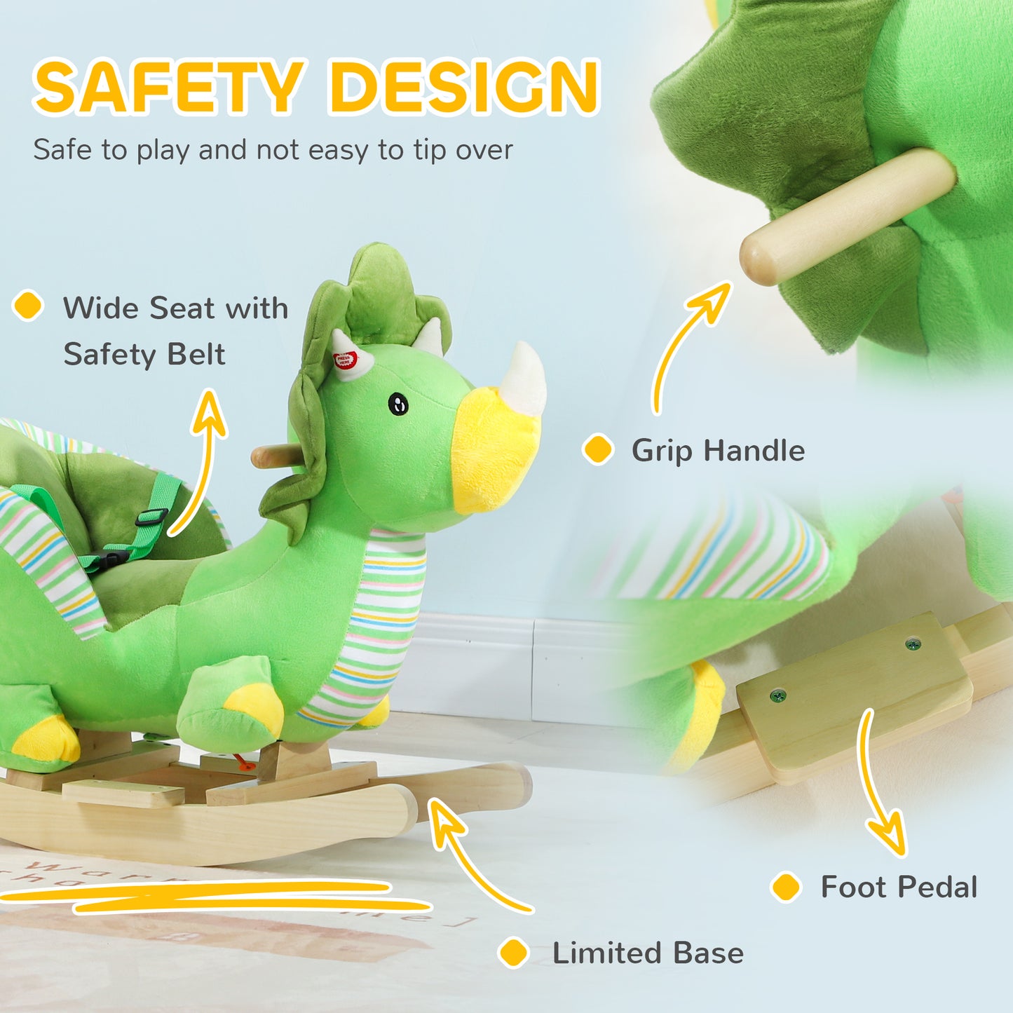 Baby Rocking Dinosaur with Animal Sounds, Safety Belt, Wooden Base