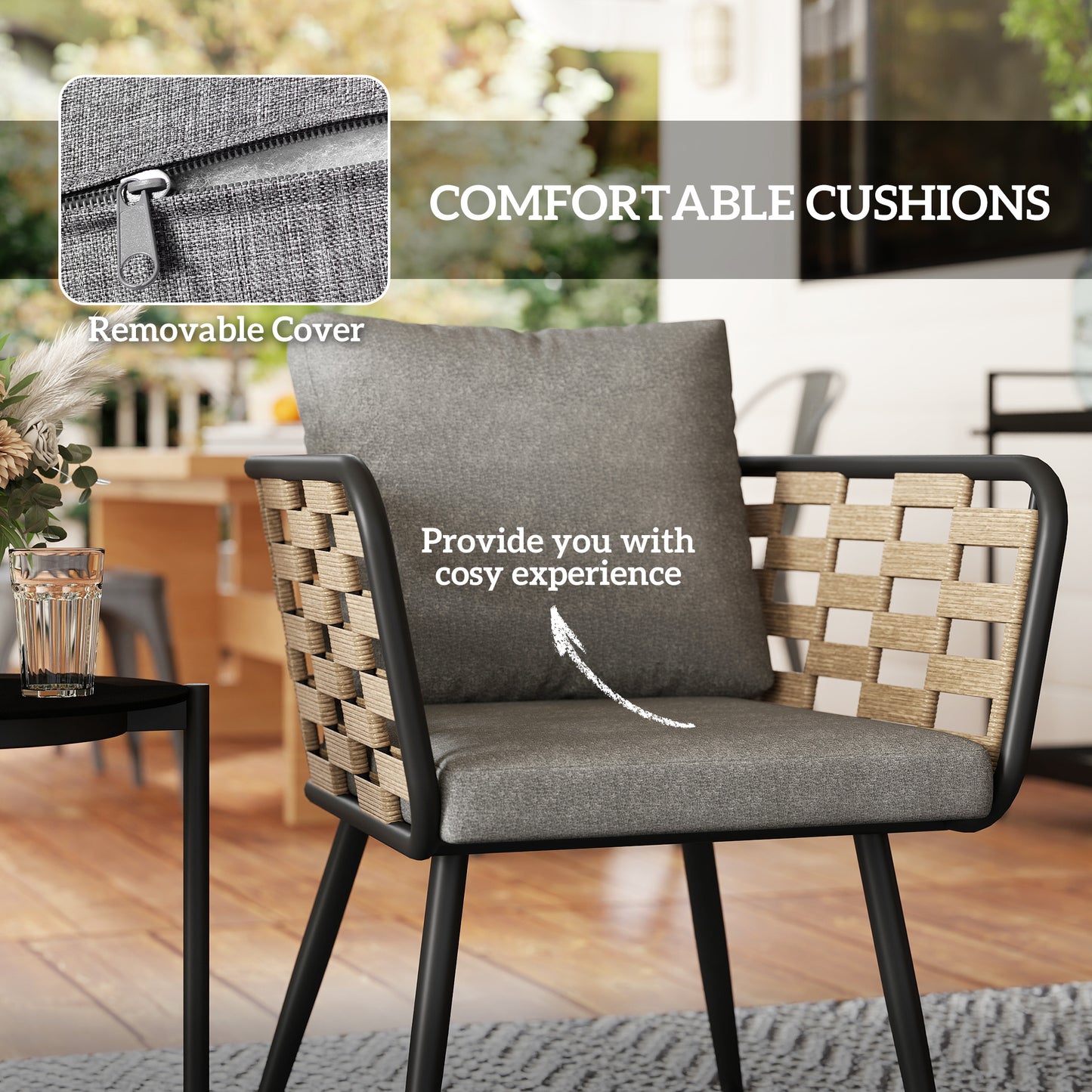 3 Pieces Rattan Bistro Set with Washable Seat and Back Cushions