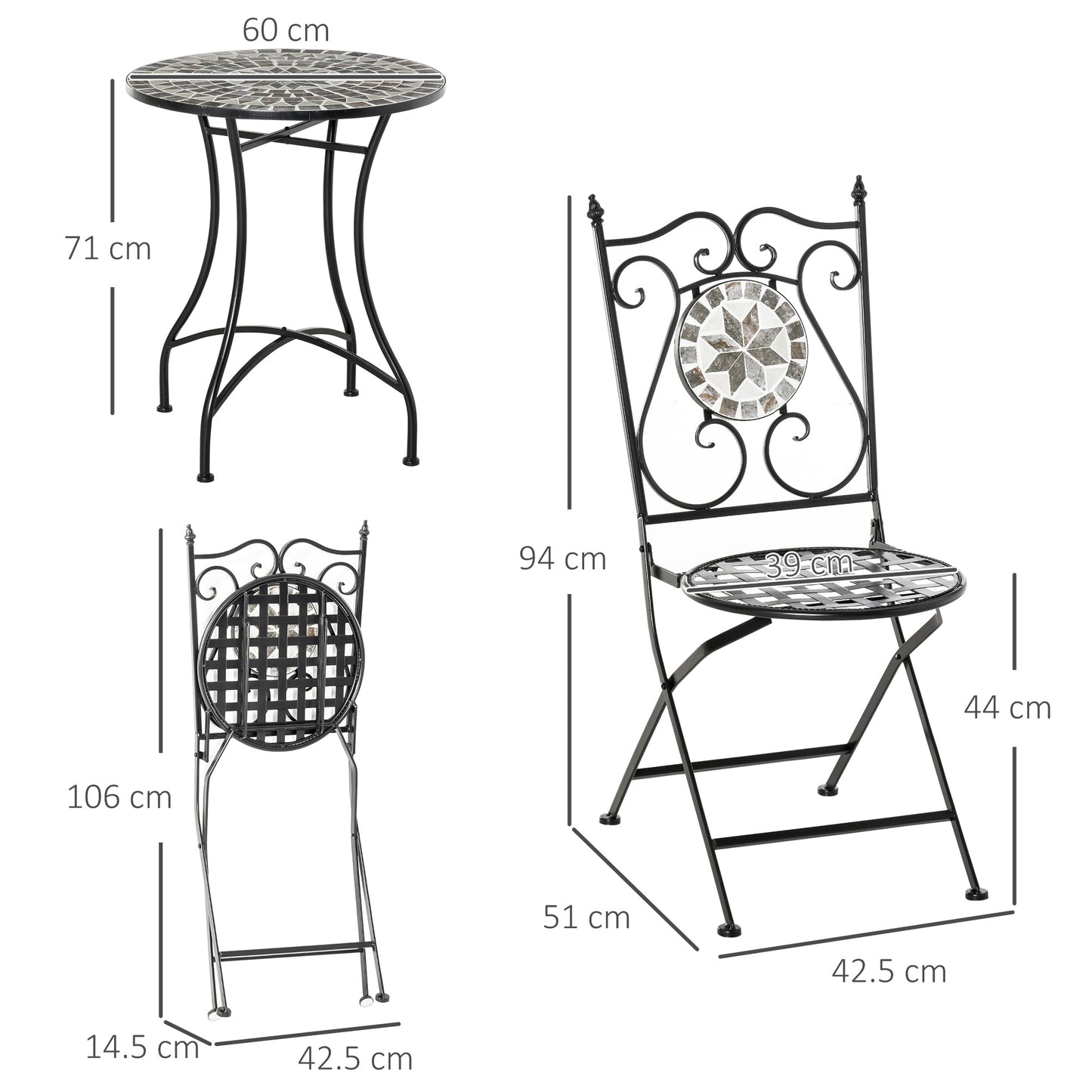 3 Pcs Mosaic Tile Garden Bistro Set Outdoor Seating w/ Table 2