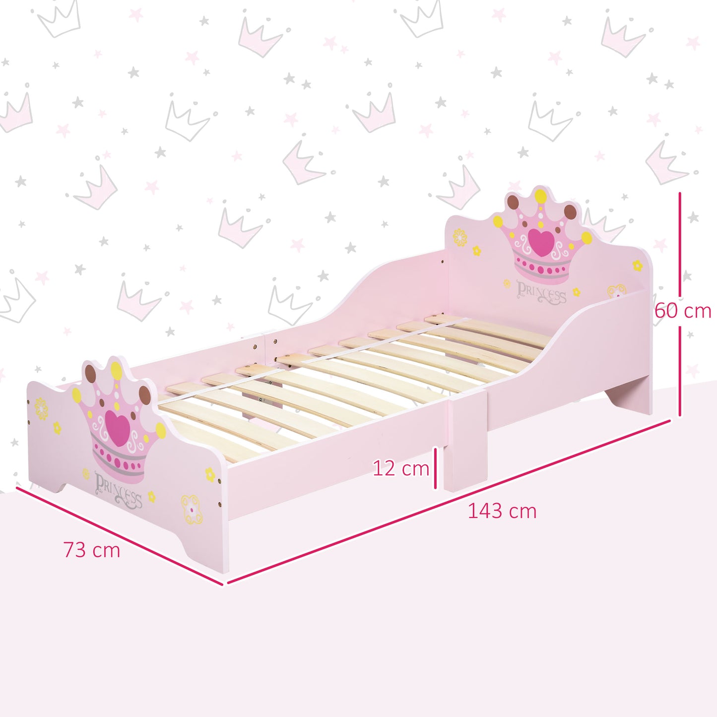 Kids Toddler Bed Princess Crown Theme Safety Side Rails Slats Home