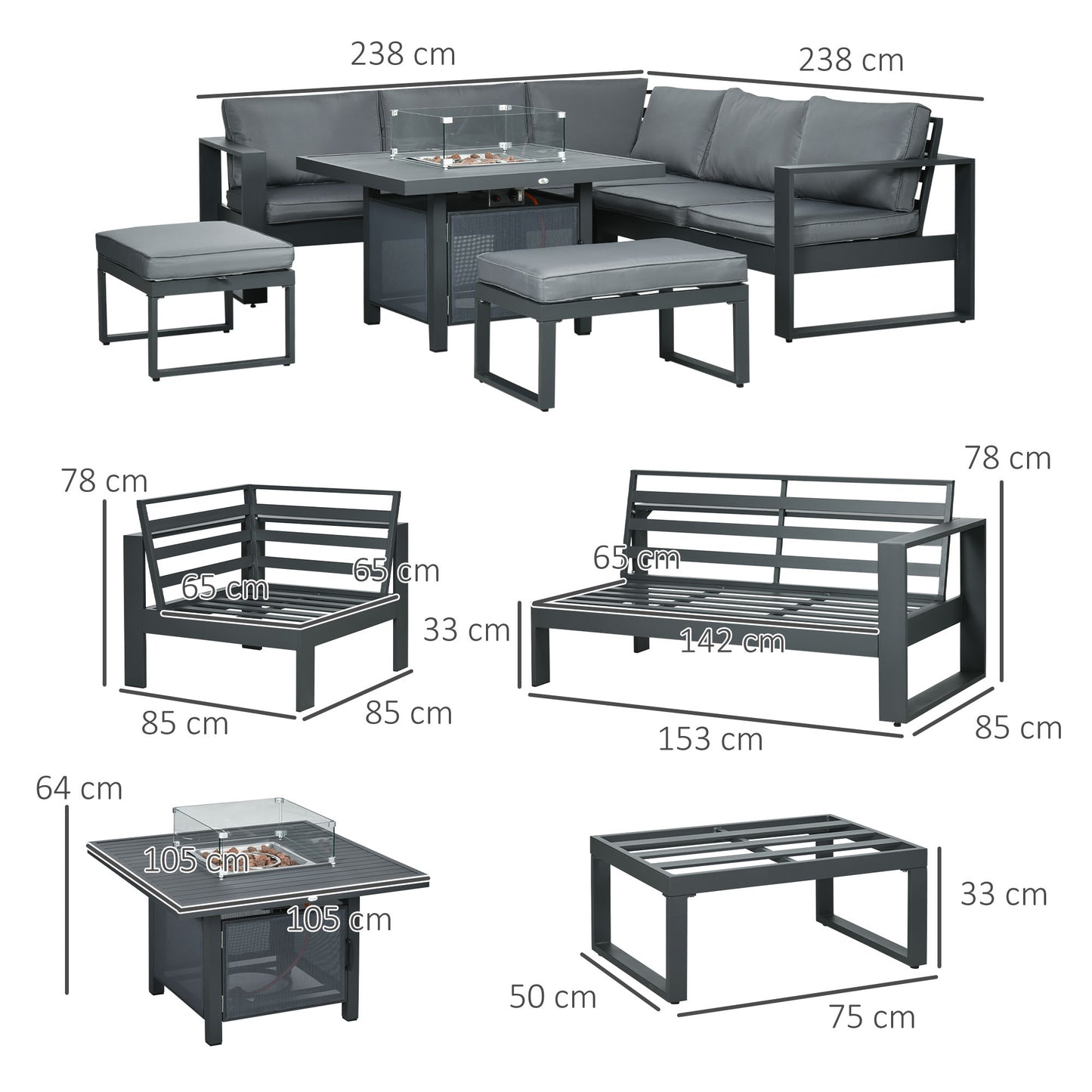 6-Piece Aluminium Garden Furniture Set with Fire Pit Table