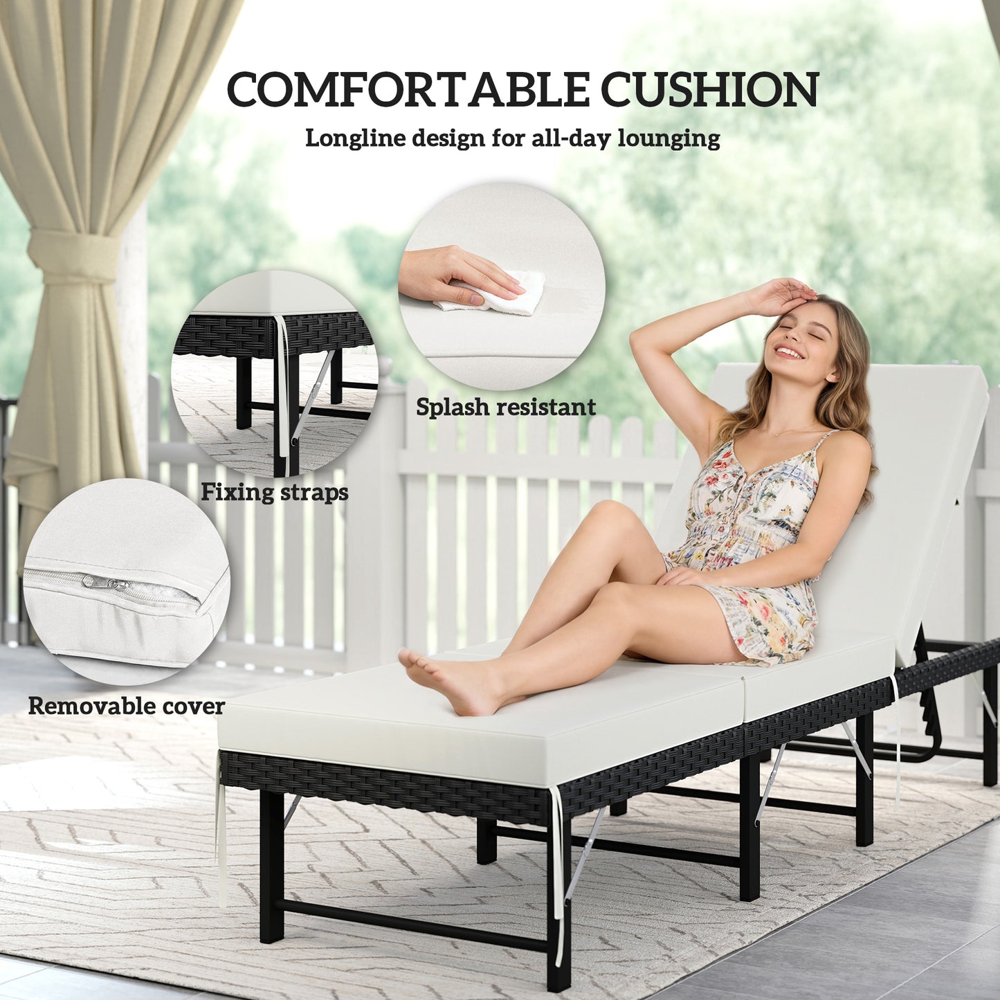Single Folding Rattan Sun Lounger, with Cushion