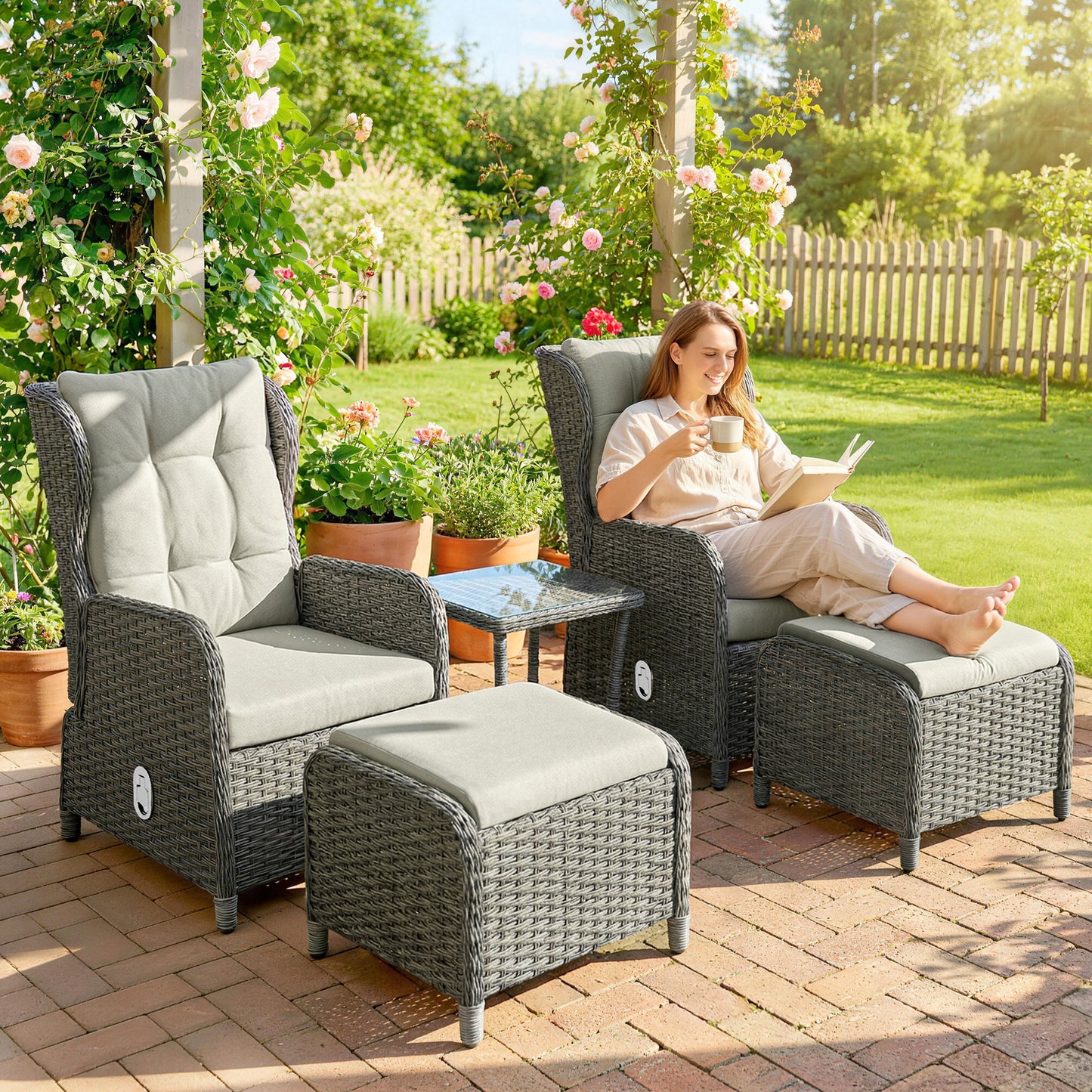 Rattan Reclining Garden Chair Set of 2 with Footstool and Cushion