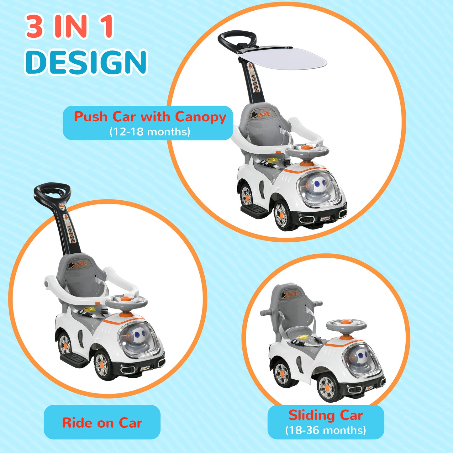 3 in 1 Ride on Push Car, Cartoon Robot Theme Foot to Floor Slider