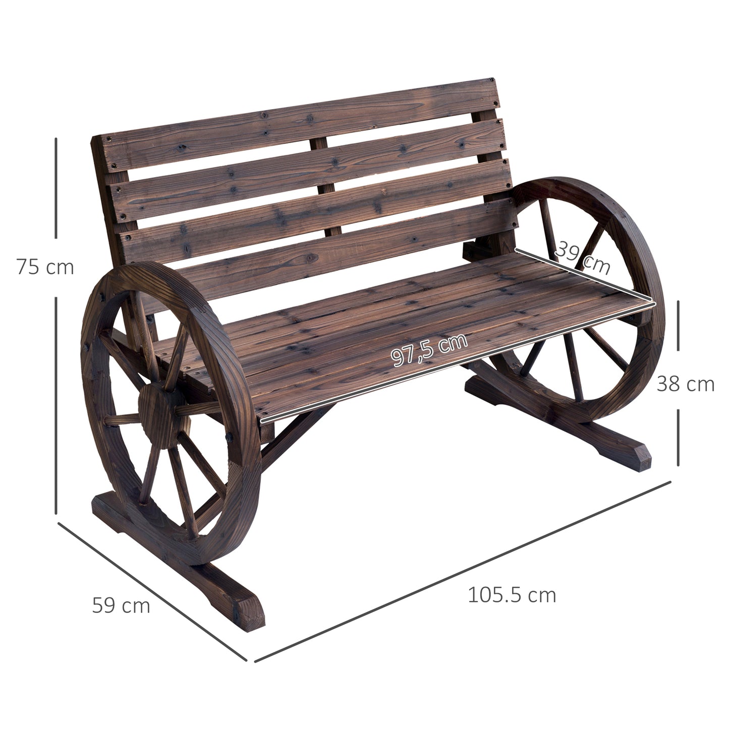 2 Seater Garden Bench with Wooden Cart Wagon Wheel Rustic High Back