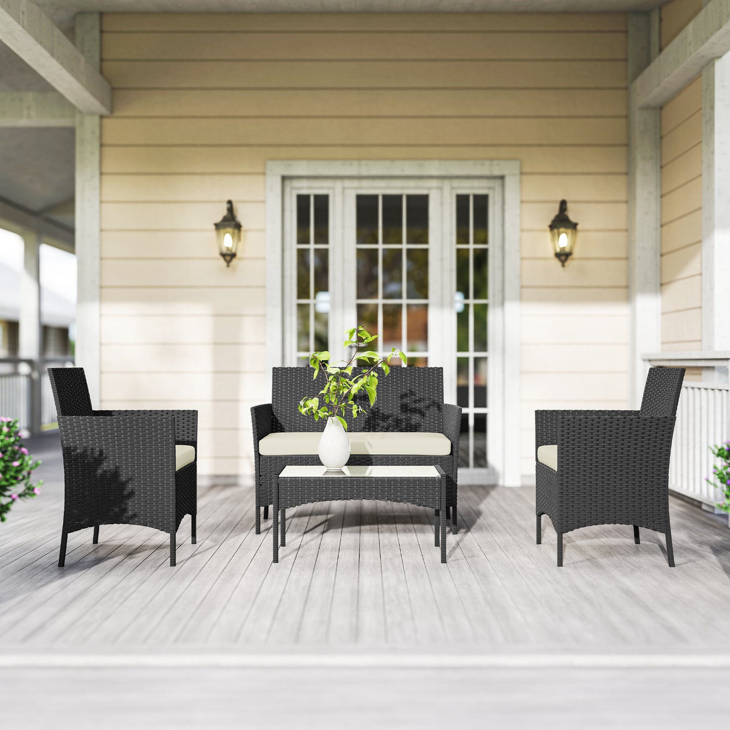 4 Piece Rattan Garden Furniture Sofa Set with Loveseat, Armchairs