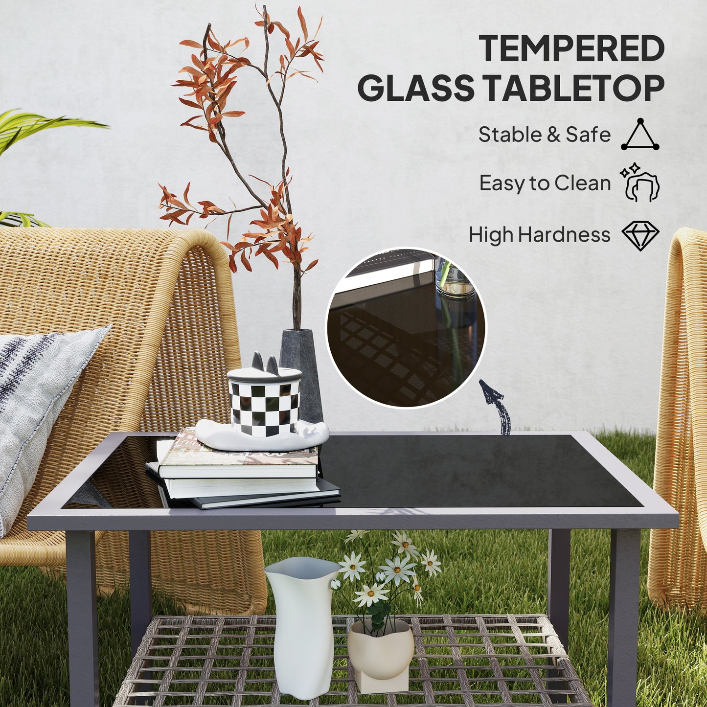 Outdoor Rattan Coffee Table with Tempered Glass Top, Storage Shelf