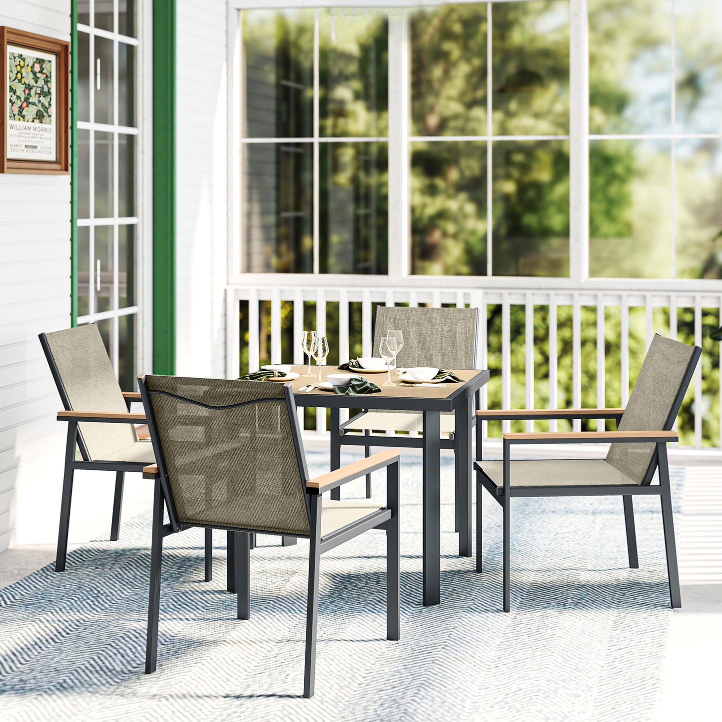 Five-Piece Metal Dining Set, with Glass-Top Table
