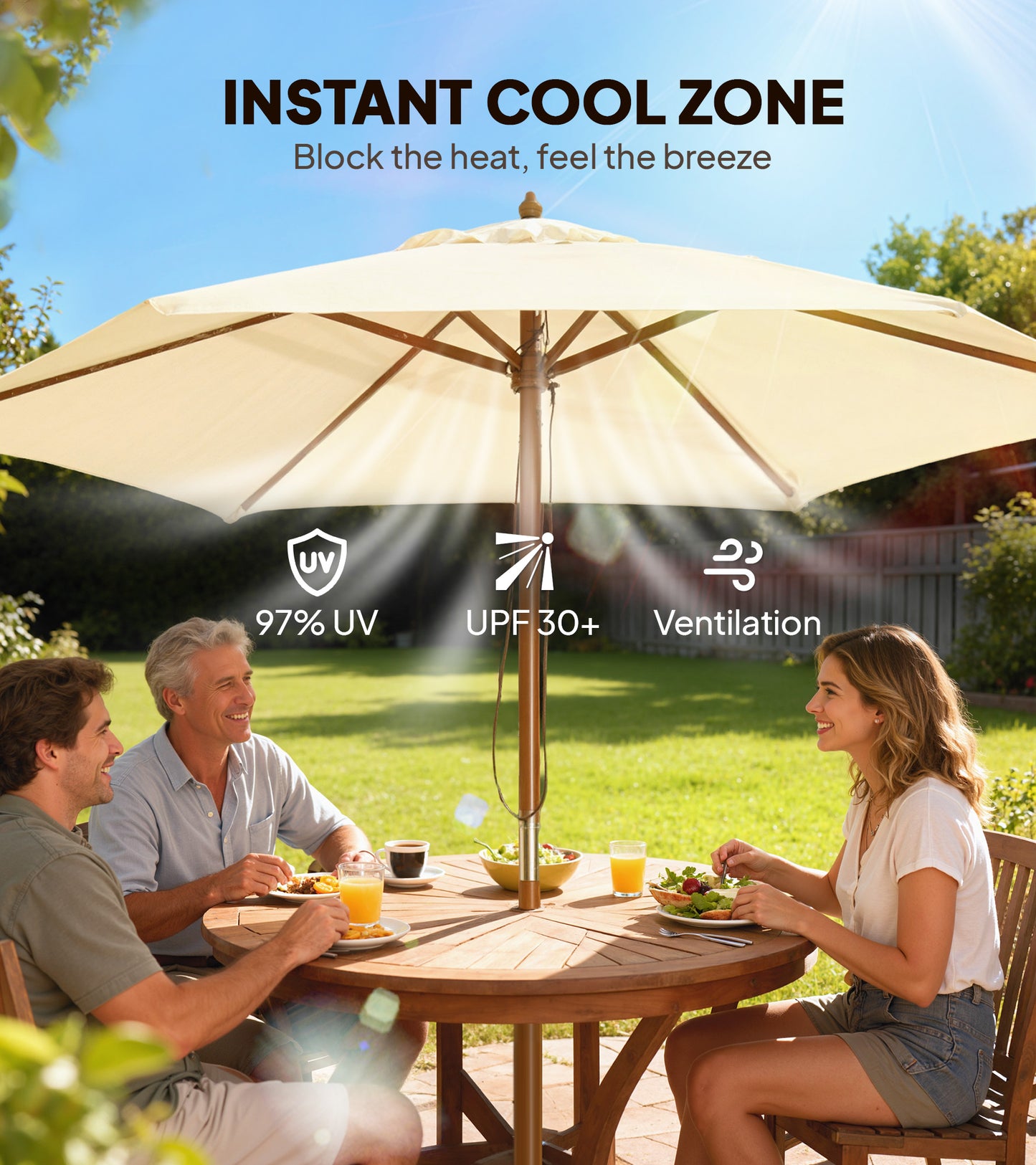 2.5m Wood Garden Parasol Sun Shade Patio Outdoor Wooden Umbrella