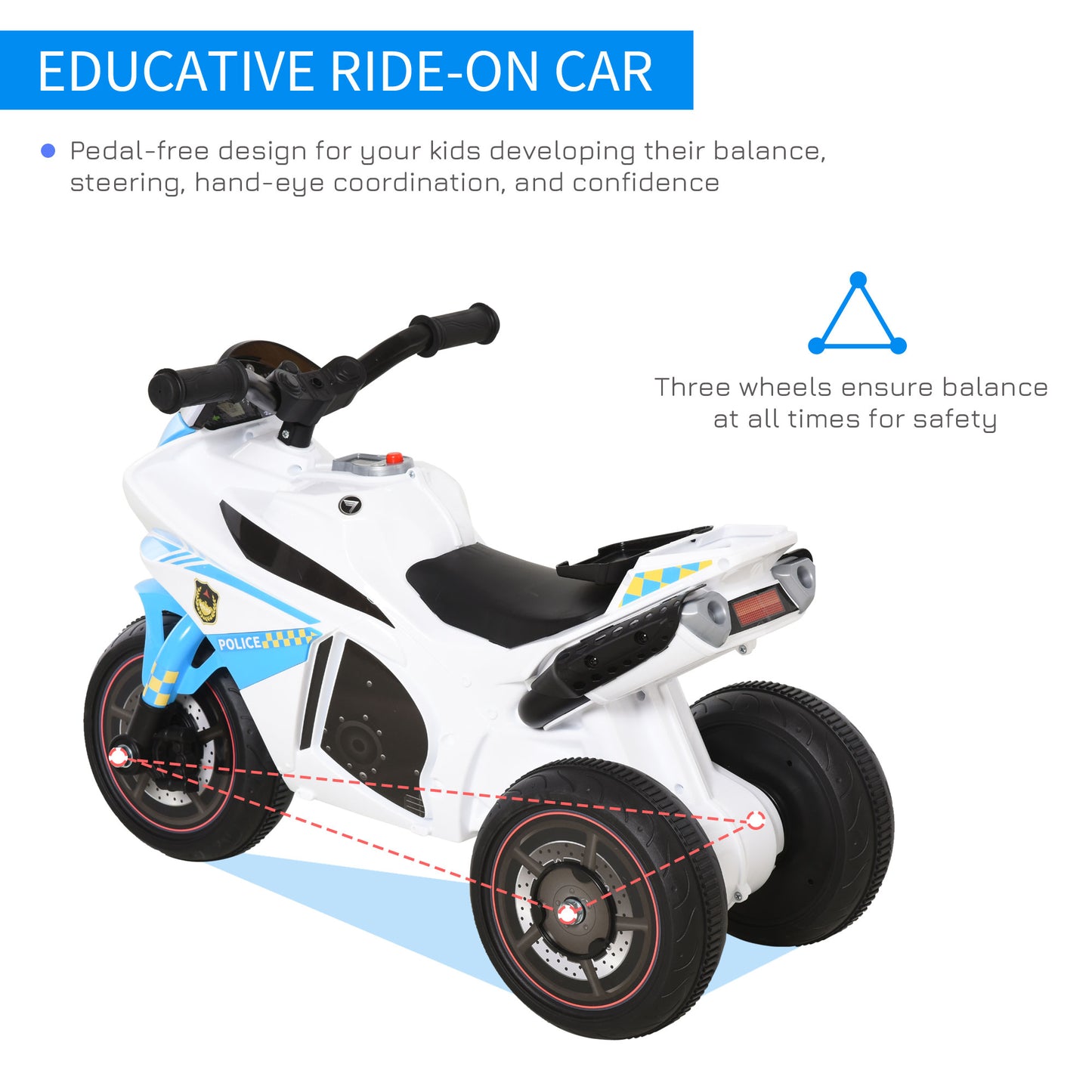Kids Ride-On Police Bike 3-Wheel Vehicle w/ Music Lights Seat