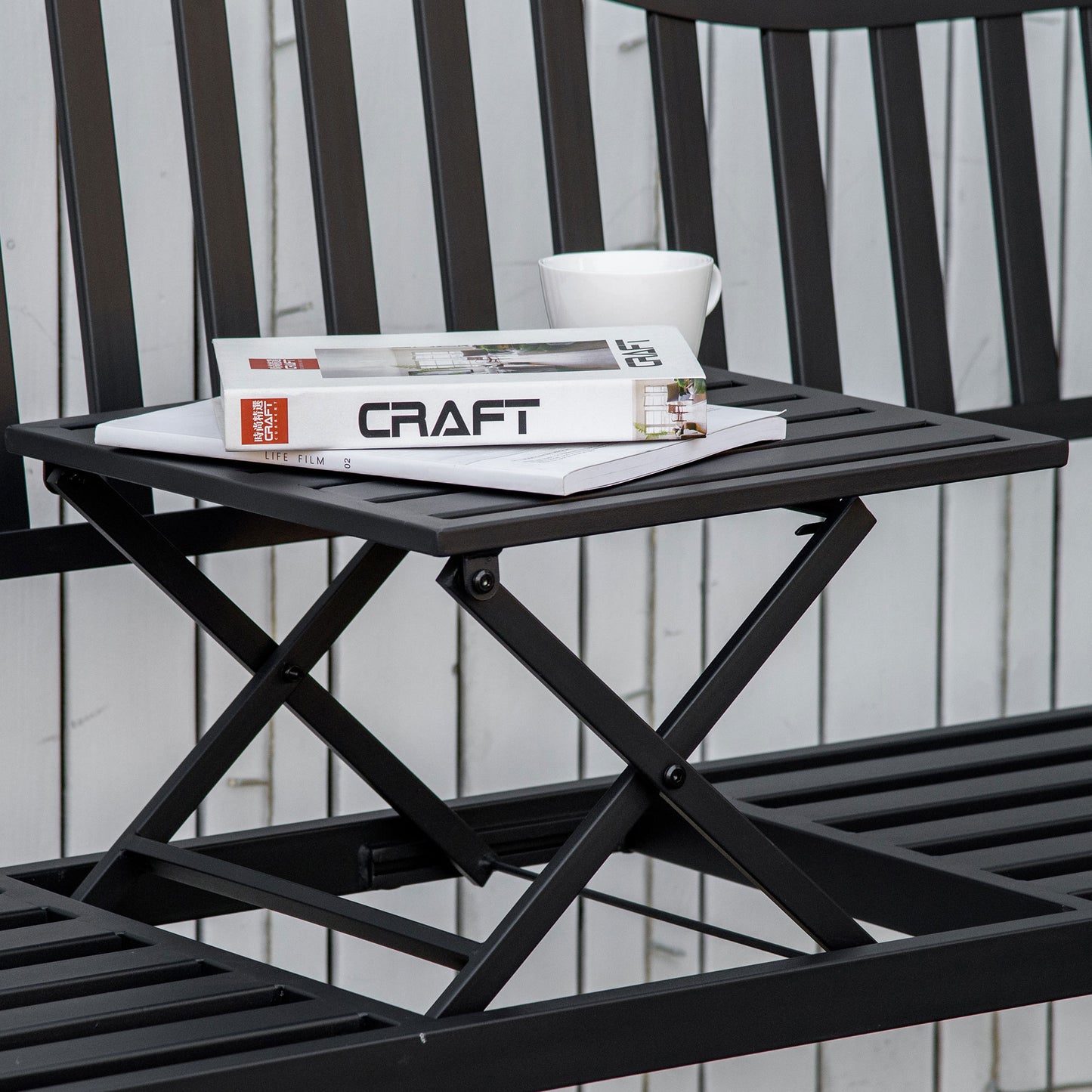 Metal Outdoor Bench with Liftable Middle Table, Patio Loveseat