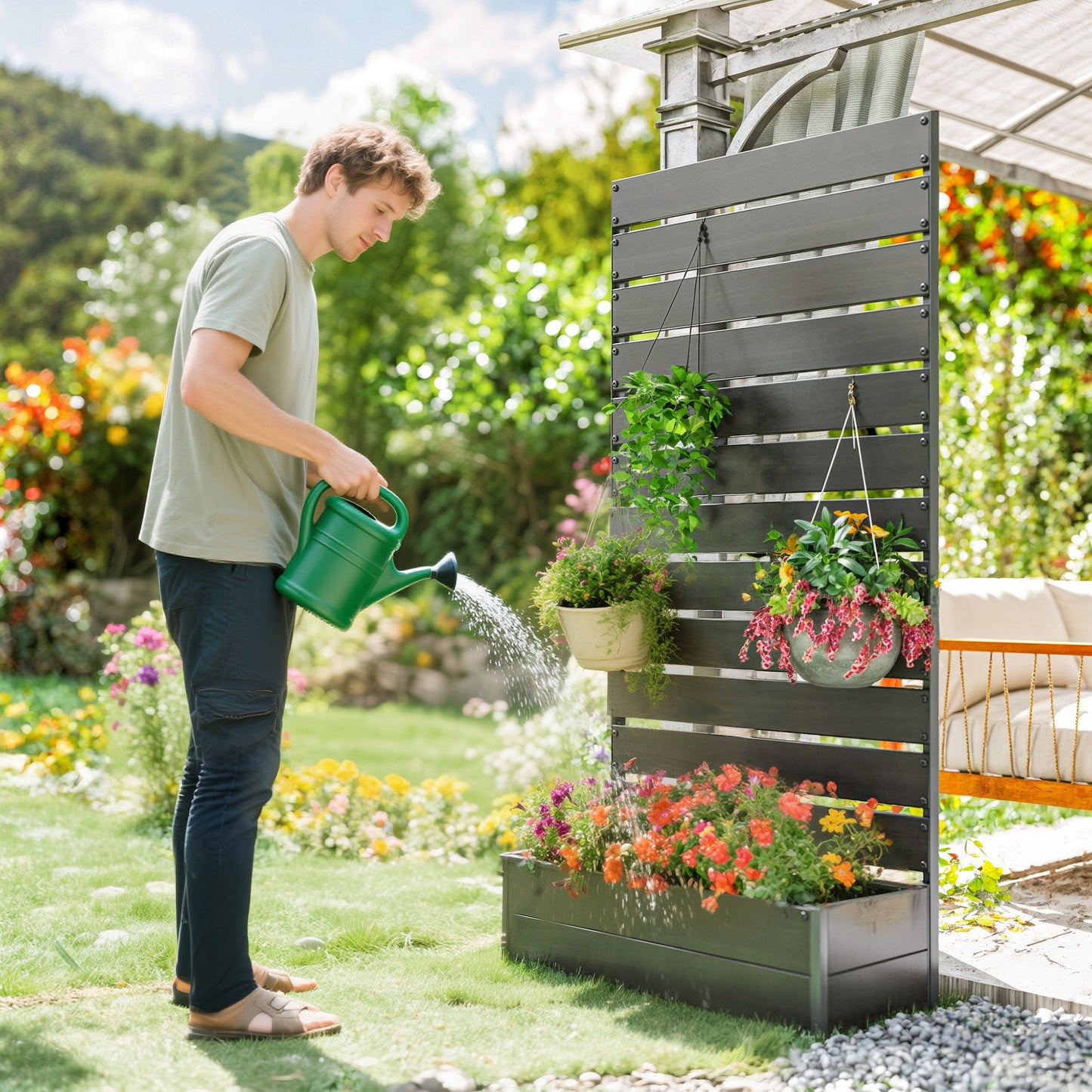 Raised Bed for Garden, Planter with Trellis for Climbing Plants