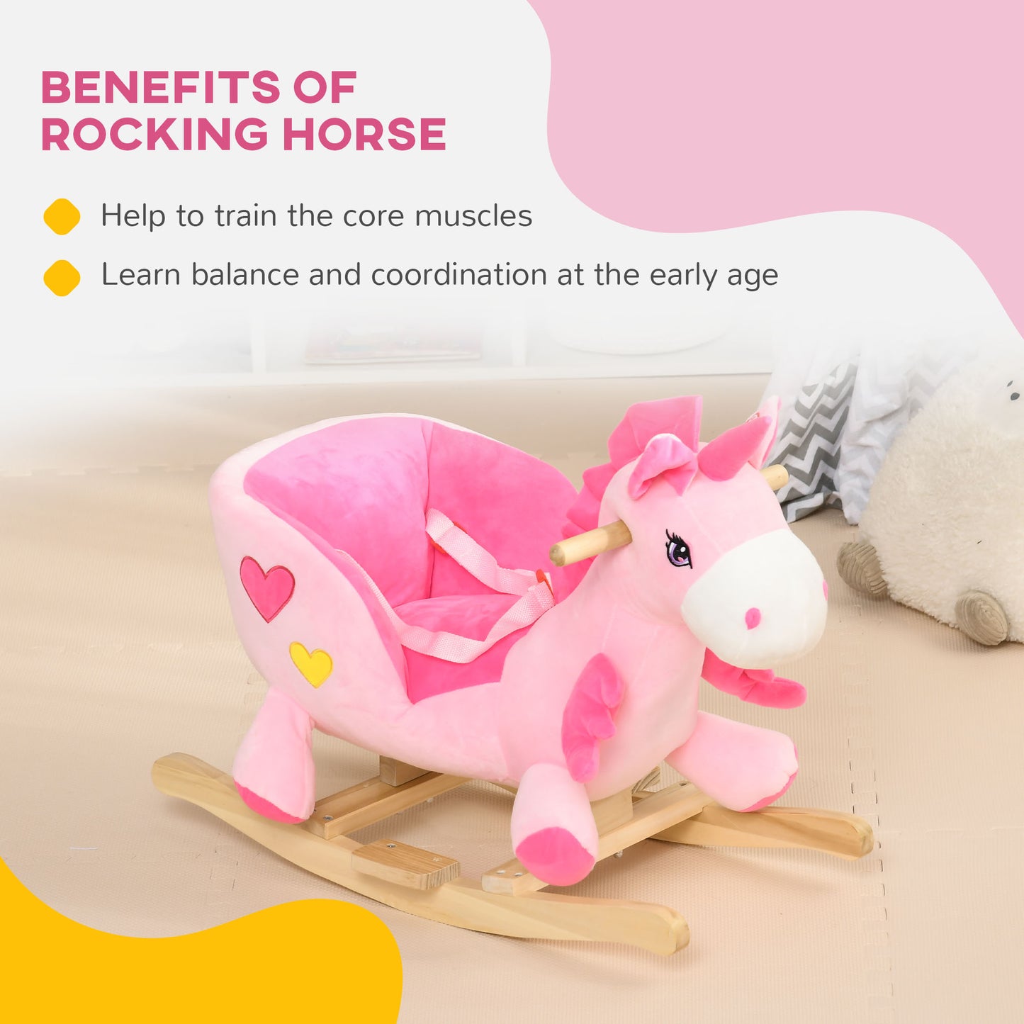 Kids Rocking Horse Ride on Unicorn with Songs, Wooden Base, Seatbelt