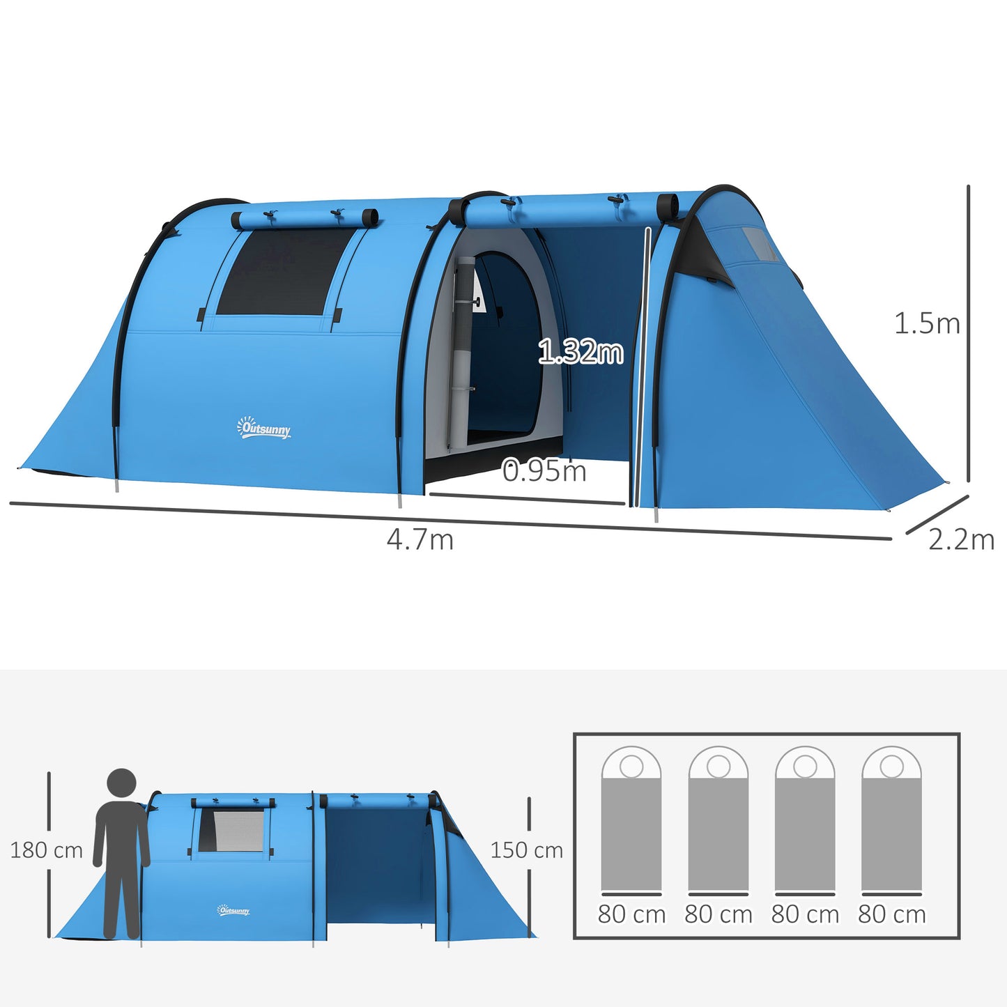 Four Man Duo Room Tunnel Tent, with Accessories
