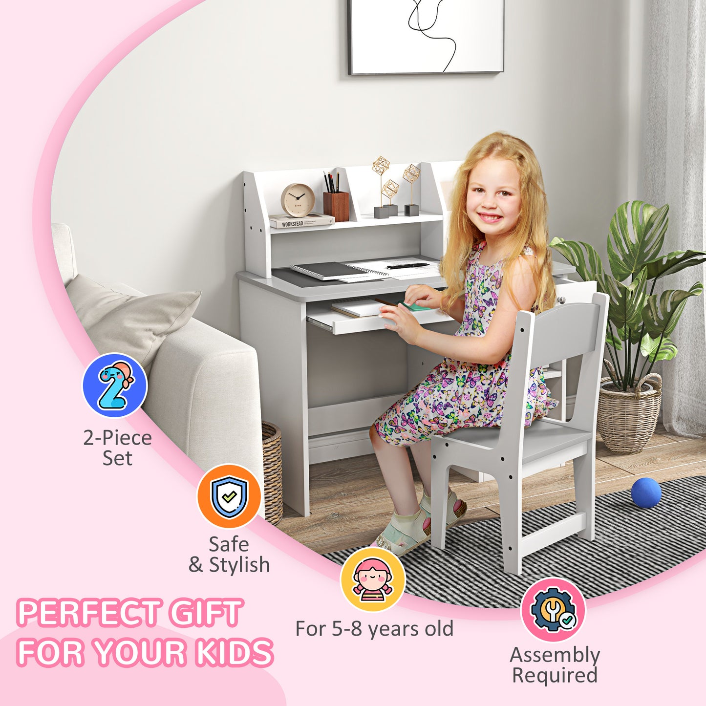 Two-Piece Kids Desk and Chair Set with Storage, for Ages 5-8 Years
