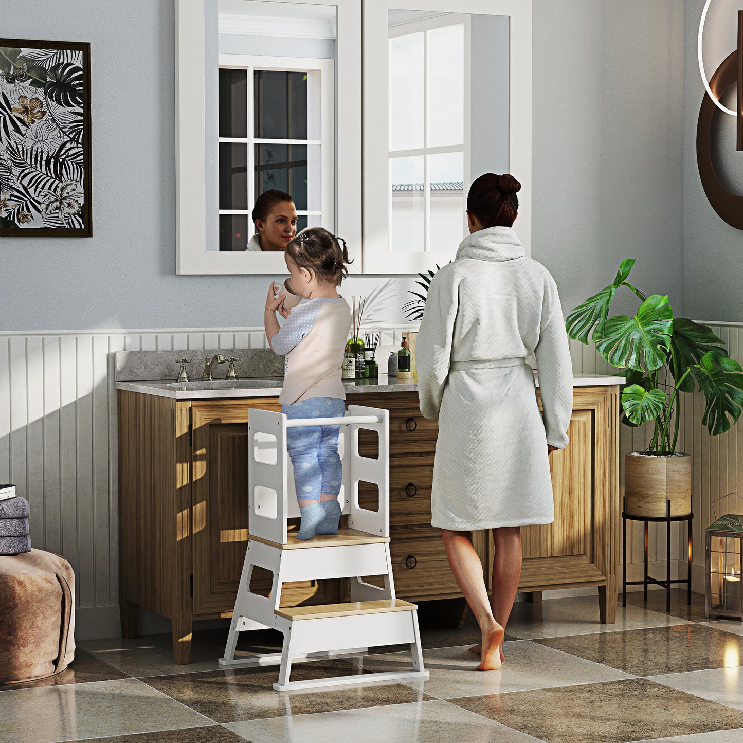 2-in-1 Toddler Tower with Chalkboard, Safety Rail for Kitchen