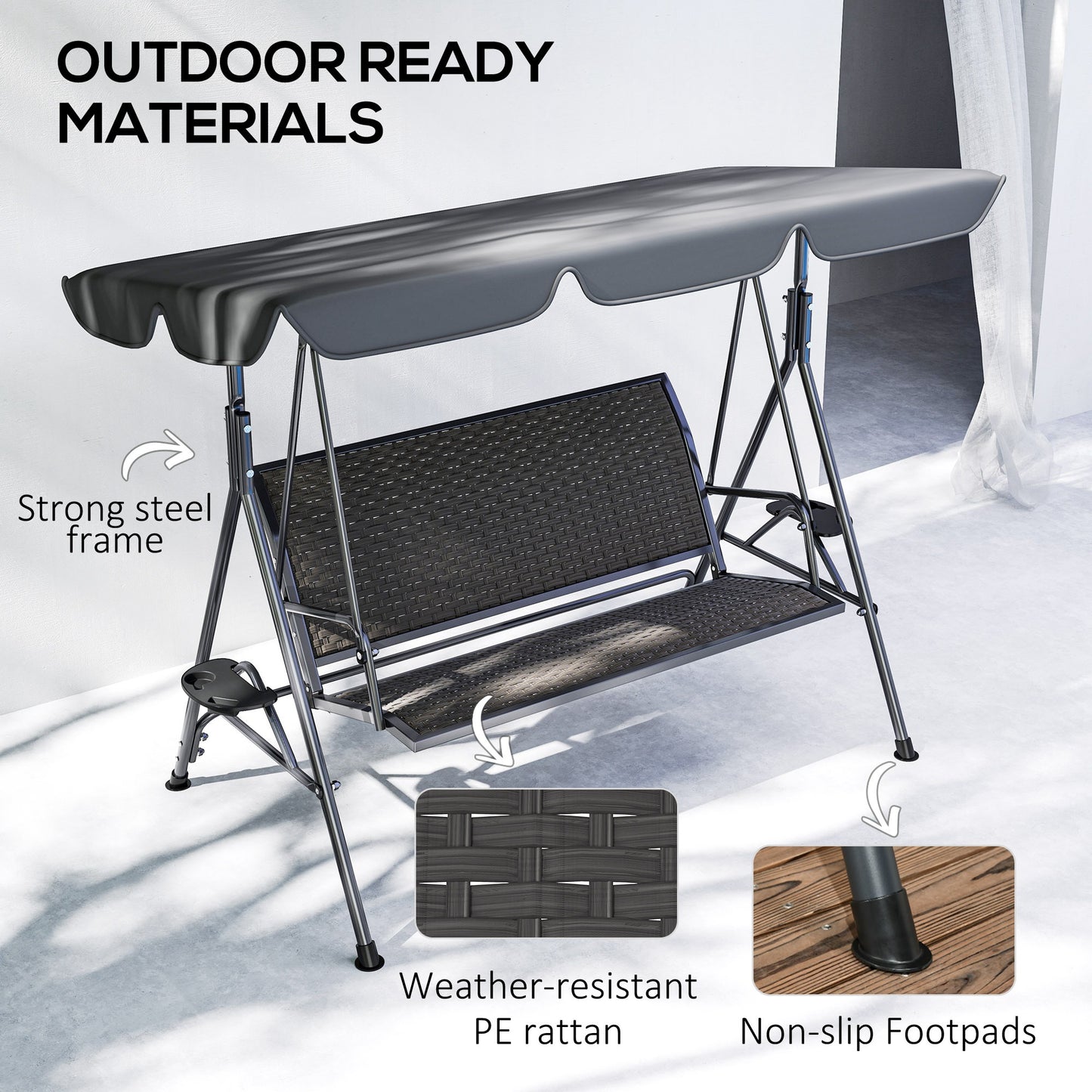 3 Seater Swing Chair, Garden Swing Seat Bench with Adjustable Canopy