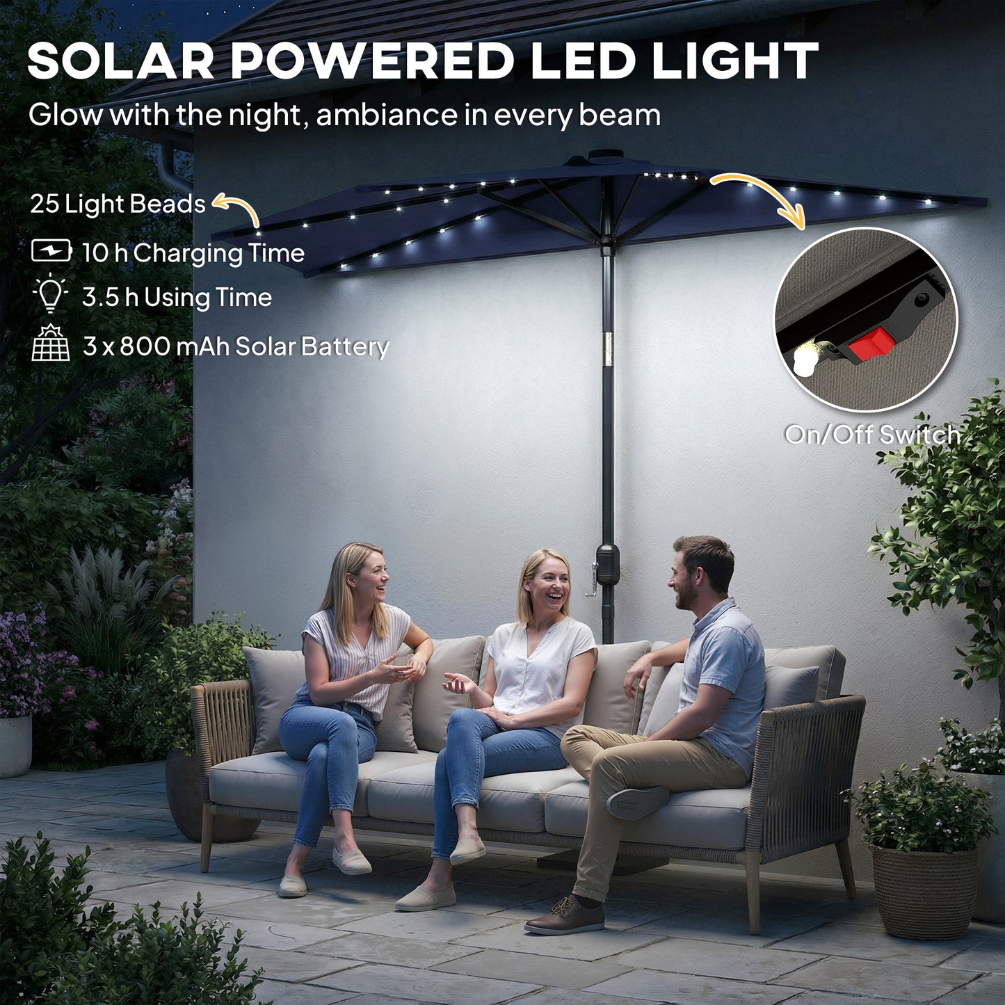 2.6 m Half Garden Parasol with Solar LED Lights