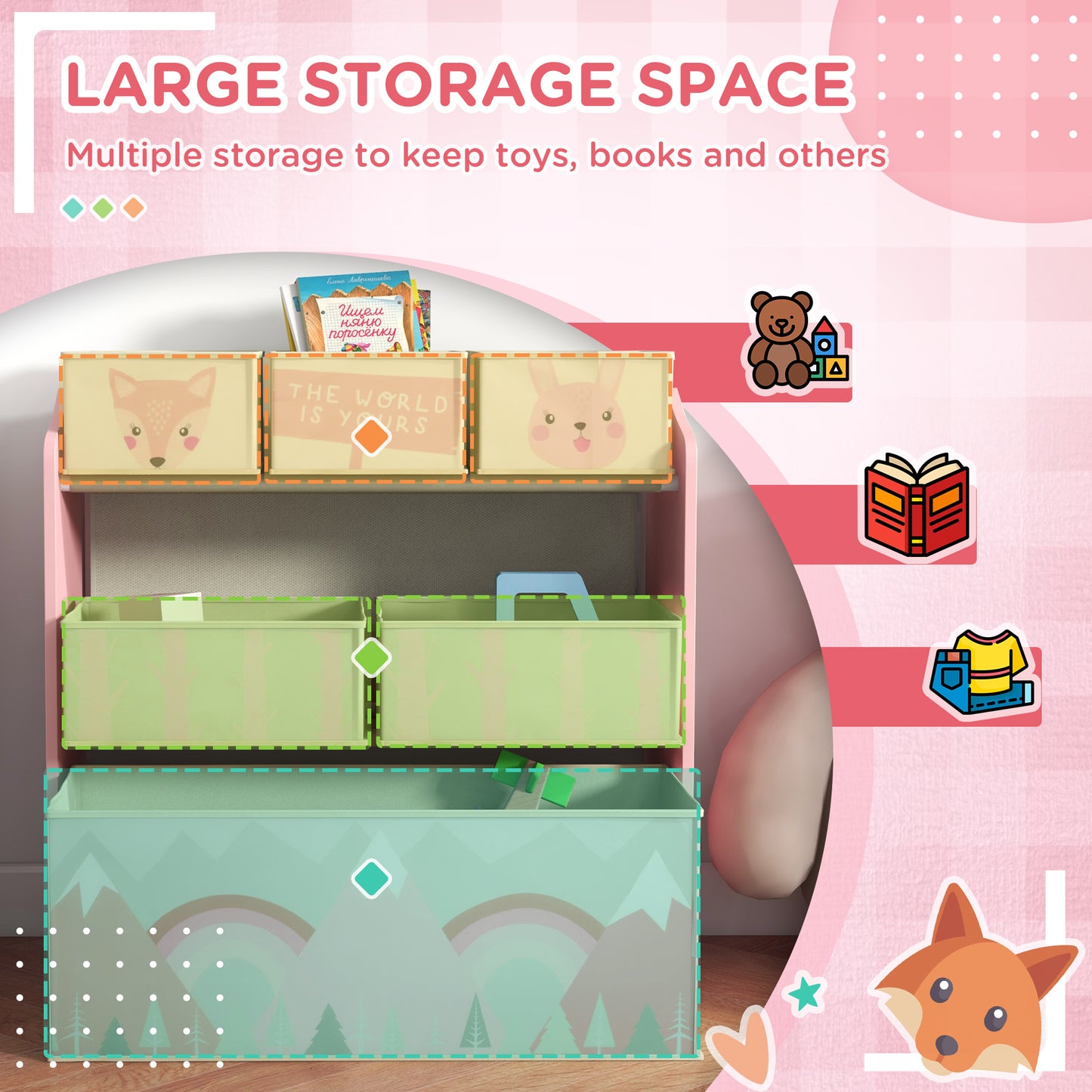 Kids Storage Unit, Toy Storage Organiser, with Six Fabric Bins