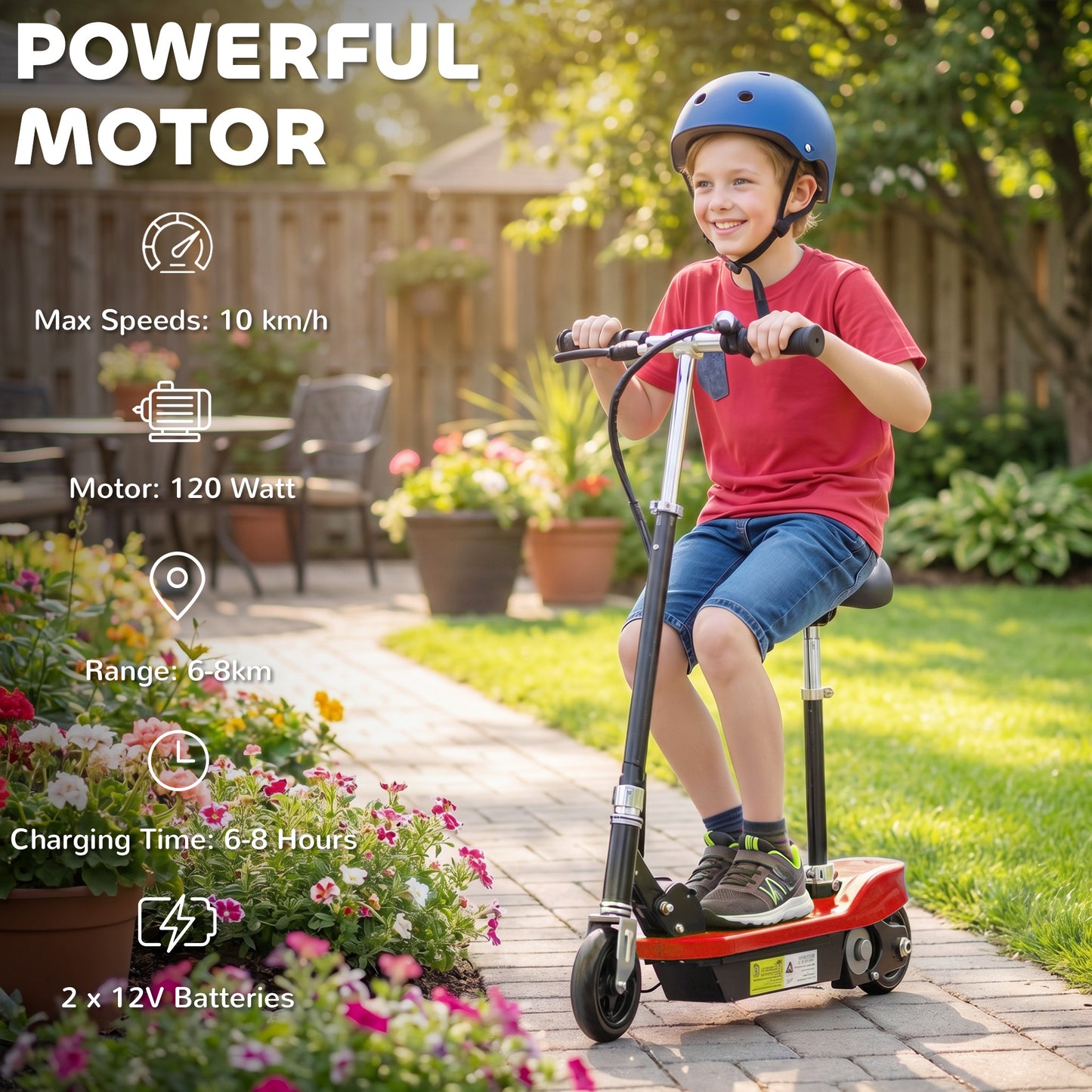Powered Electric Scooter Ride-On, with Brakes, Adjustable Seat