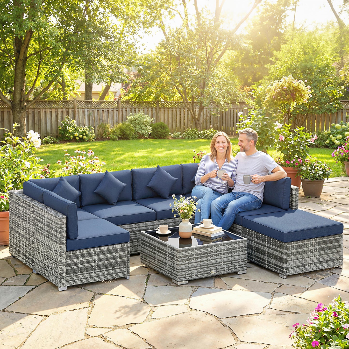 8 Pieces PE Rattan Corner Sofa Set, Outdoor Garden Furniture Set (1)