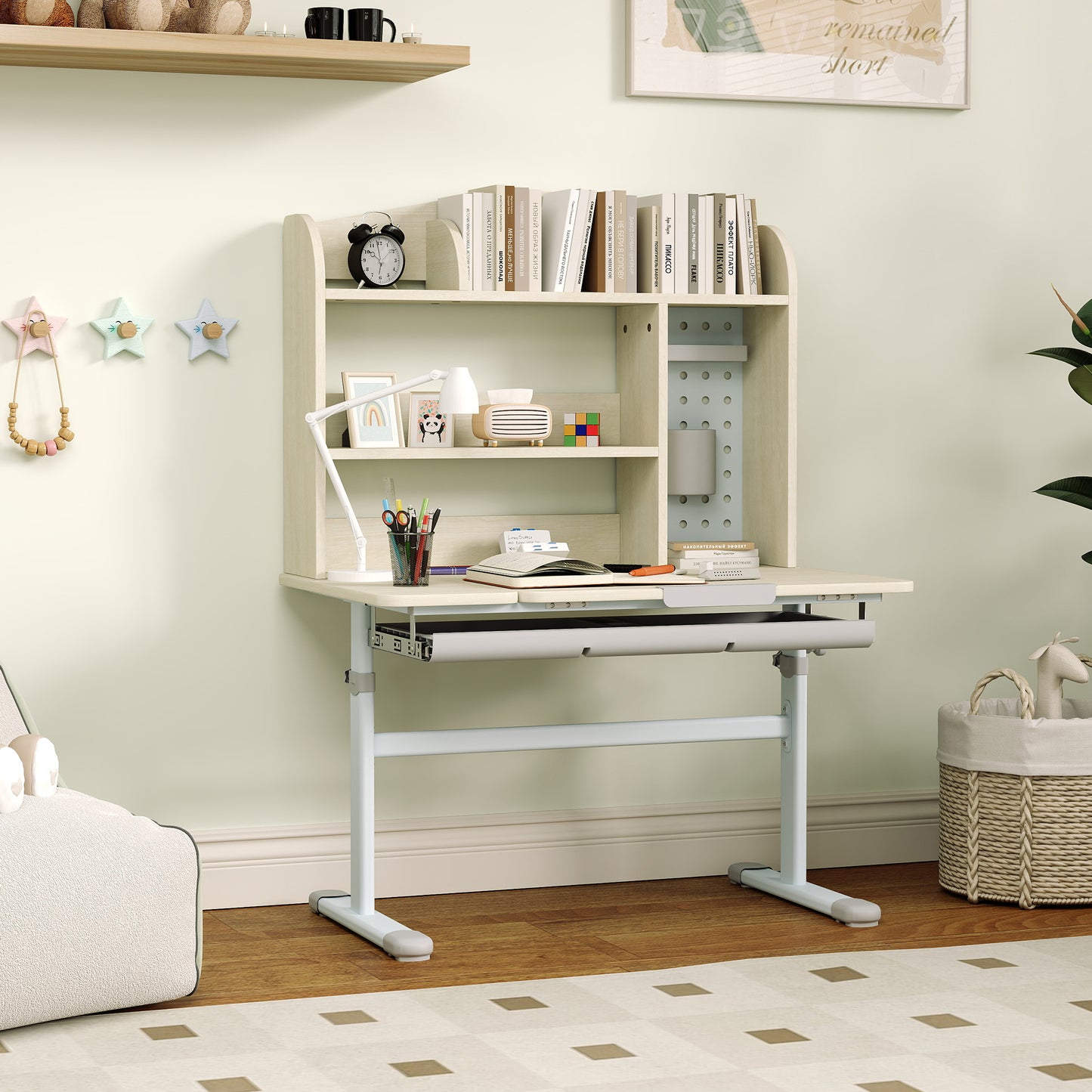 Kids Desk Height Adjustable with Tilt-Desktop, Hutch, Drawer