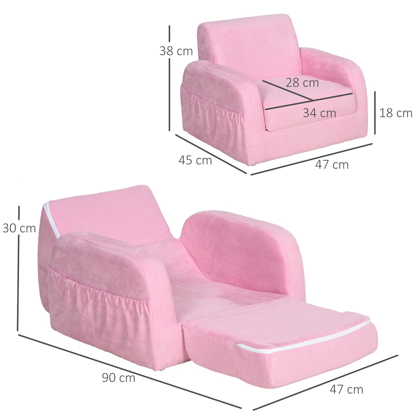 2-in-1 Kids Armchair, Toddler Sofa Bed, with Wood Frame, for Bedroom